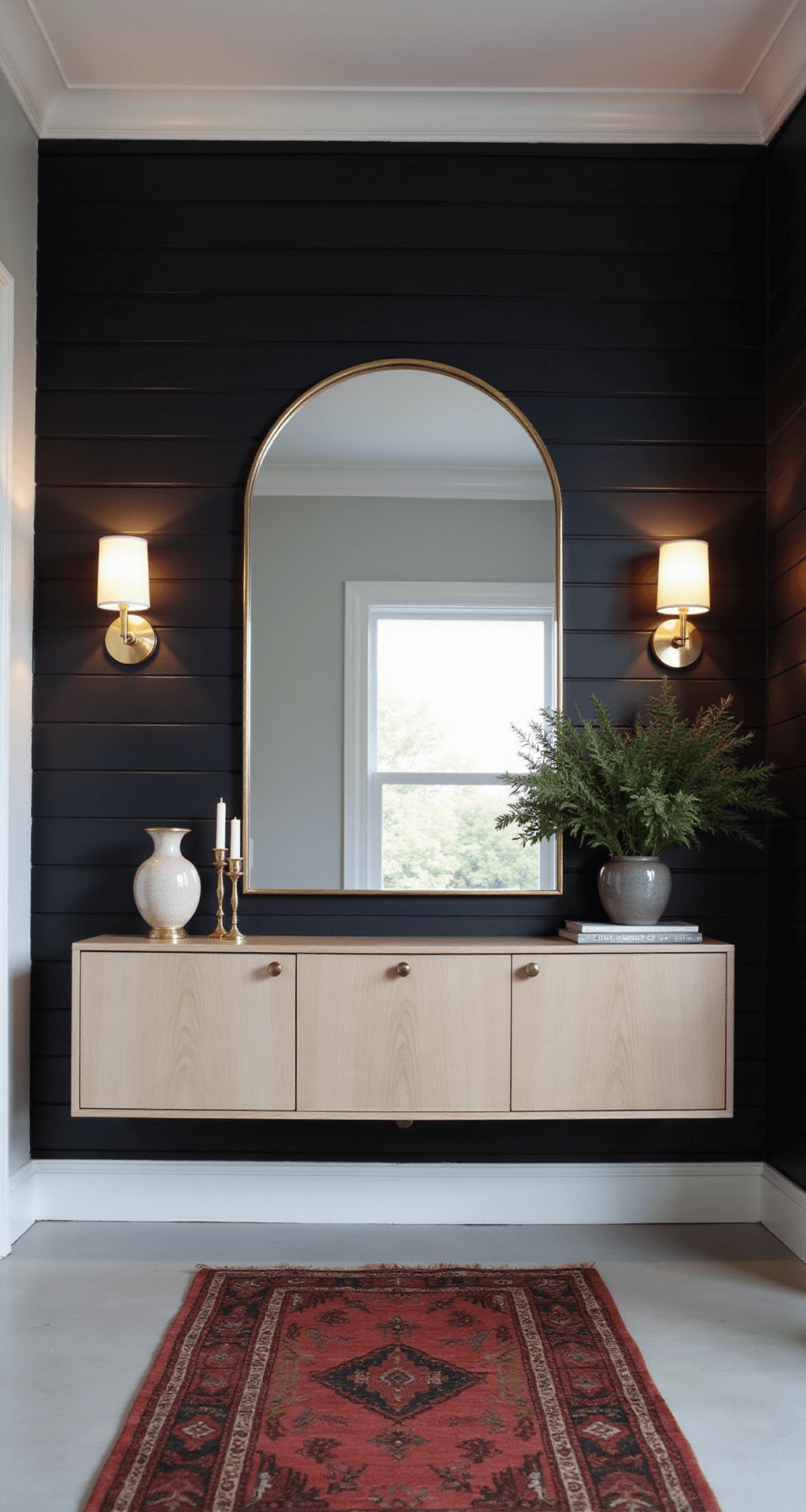 A stylish entryway at dusk with black shiplap walls, a white oak floating credenza, brass accents, and an oversized arched mirror. Soft uplighting from modern ceramic wall sconces and a vintage overdyed runner in jewel tones add warmth and color. Minimal decor enhances modern sophistication.