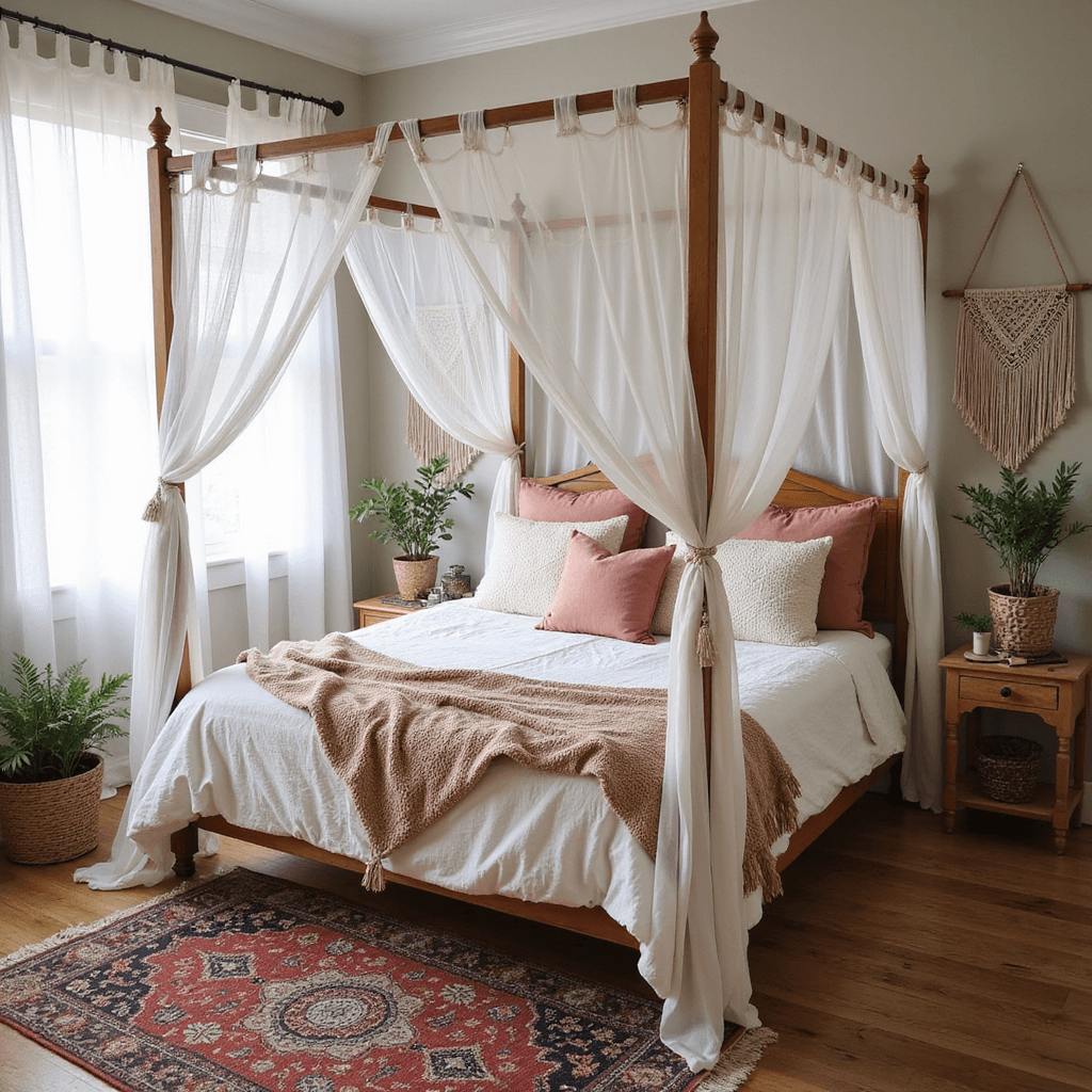 A bohemian-inspired bedroom featuring a canopy bed with sheer white curtains, layered bedding in white linen and dusty rose velvet, vintage Persian rugs on hardwood floors, hanging plants, macramé wall art, and copper accents, captured at dawn with soft morning light filtering through the curtains.
