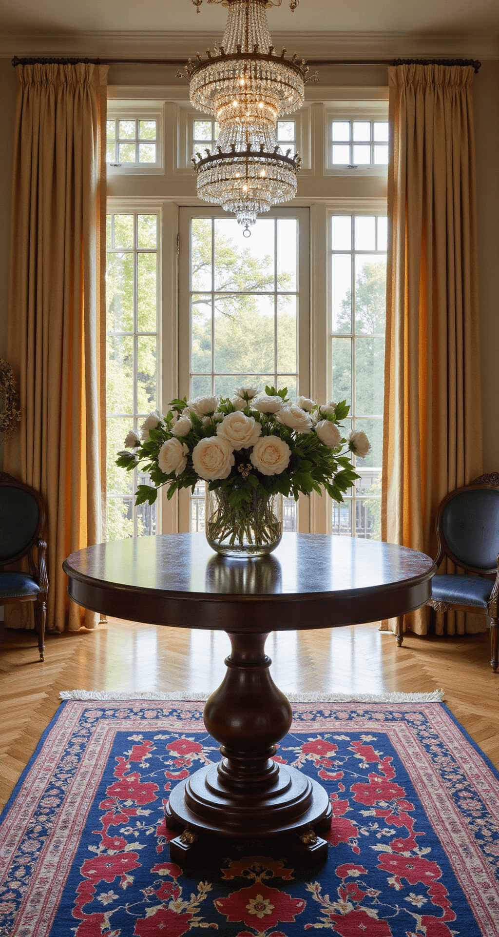 Elegant foyer with floor-to-ceiling windows, a mahogany table with white peonies center, crystal chandelier above, Persian rug on herringbone floors.