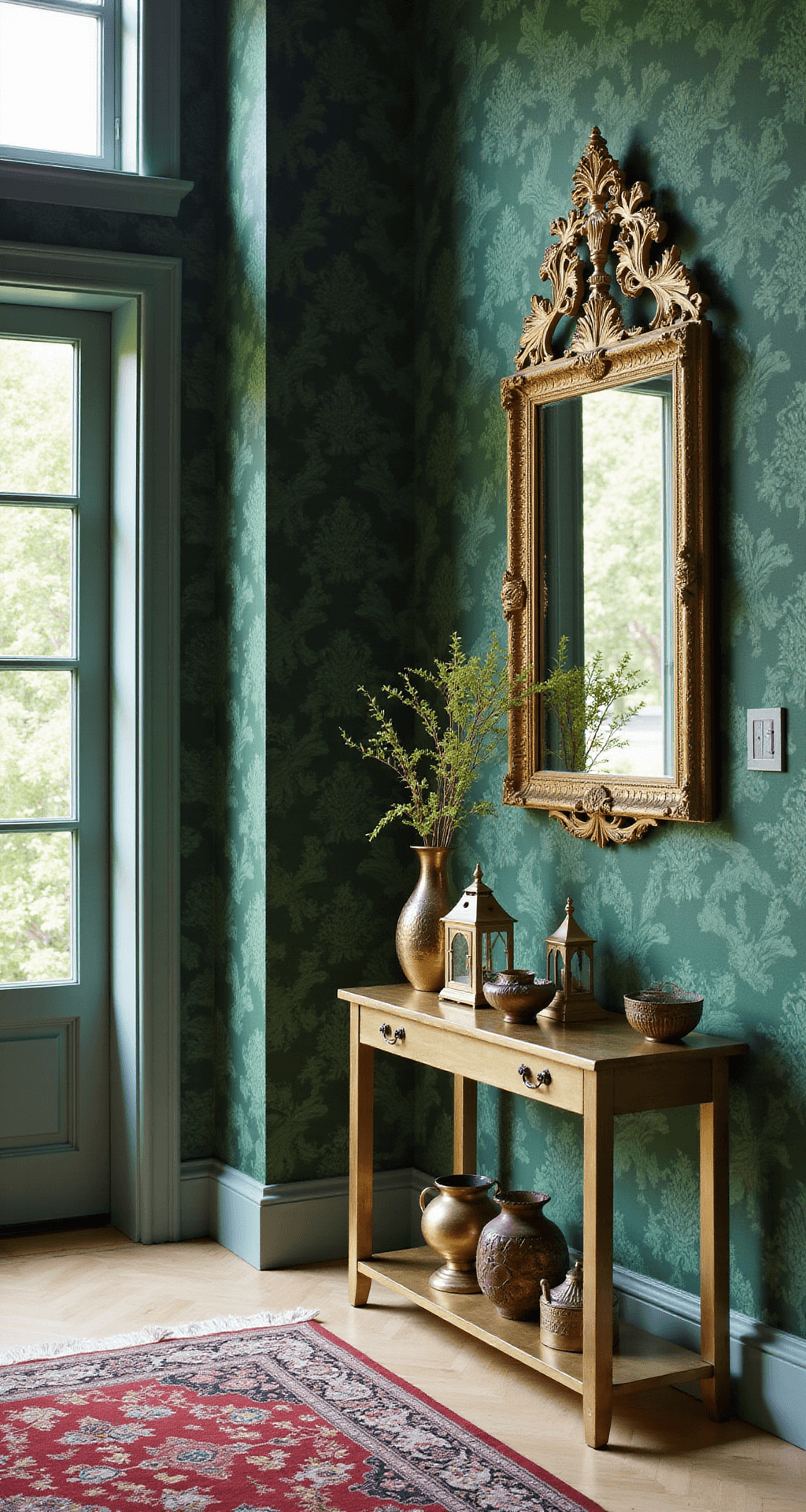 Intimate entryway with emerald green botanical wallpaper, brass console table with global artifacts, and an antique gold mirror reflecting morning light.