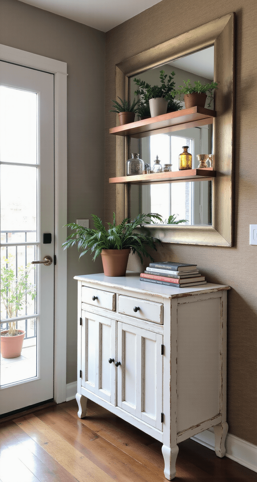A small urban entryway with antiqued mirror panels creating depth, a slim console with hidden drawers, floating copper shelves displaying air plants and keys, and warm greige grasscloth wallpaper, all bathed in soft afternoon light.