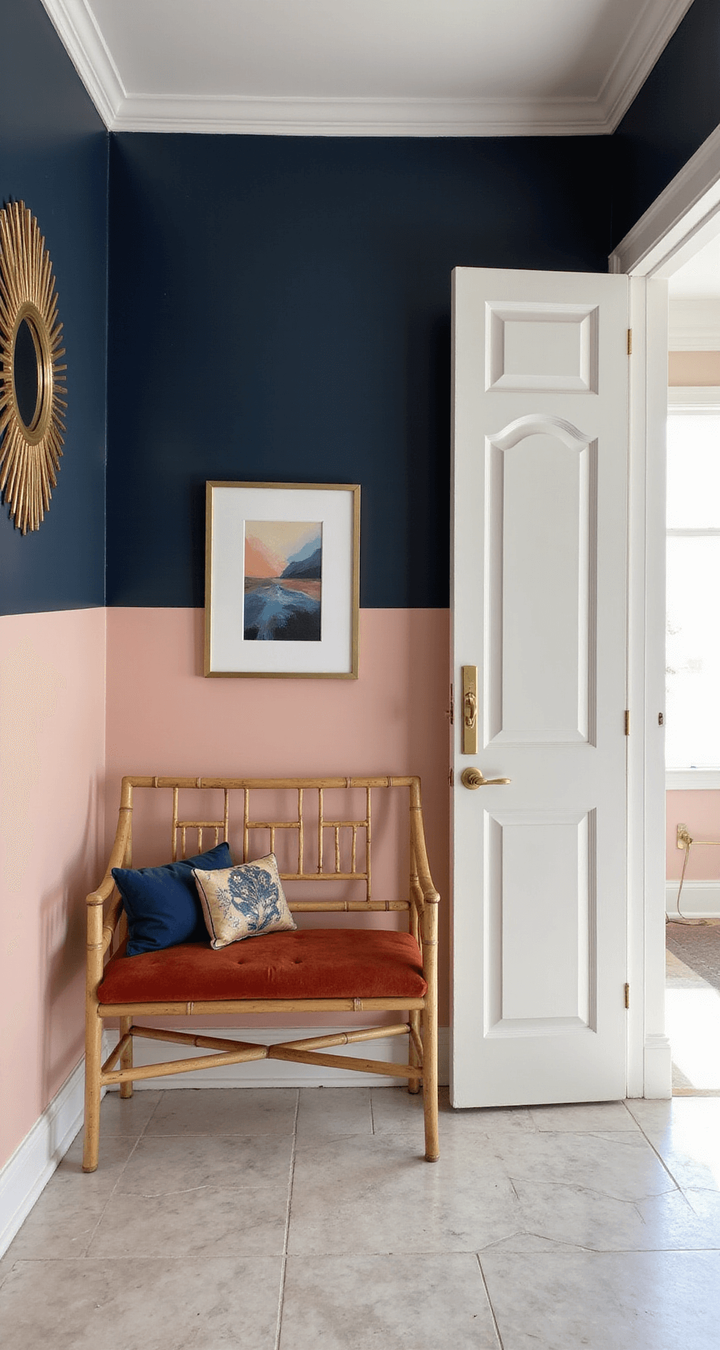 Alt text: Transitional foyer with navy and blush pink color-blocked wall, vintage bamboo bench with velvet upholstery, abstract artwork, brass sunburst mirror, marble hexagon floor tiles, golden hour lighting.