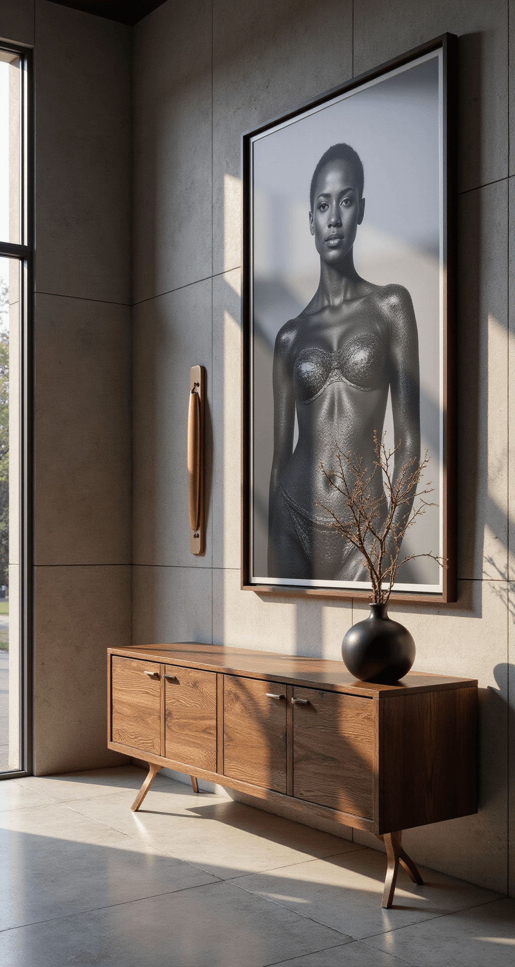 A contemporary entrance with 12ft ceilings featuring a floating wooden console against polished concrete walls, oversized black and white photography, subtle LED lighting, and mixed metal accents, shot from a low angle.