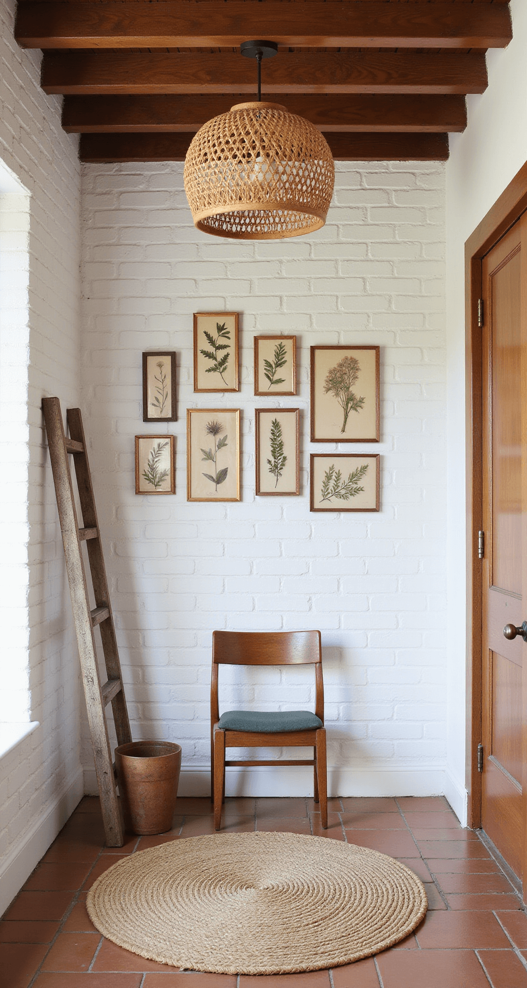 A cozy cottage entryway with an exposed beam ceiling, featuring a vintage ladder as a coat rack, white brick walls, a layered jute rug over terracotta tiles, pressed botanicals in copper frames on the wall, and a rattan pendant light casting shadows.