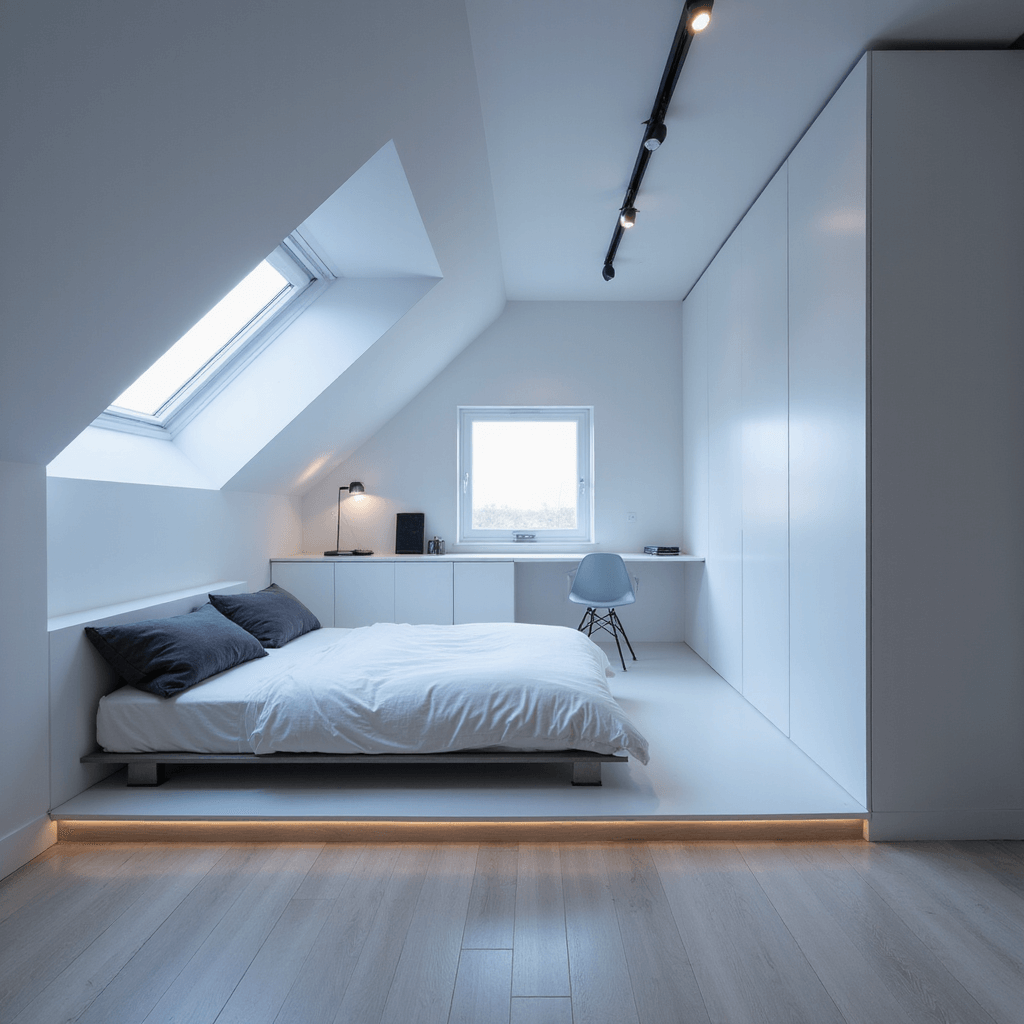 Modern minimalist attic retreat at blue hour, featuring white sloped walls, a centered platform bed with charcoal pillows, built-in storage in the eaves, matte black track lighting, pale ash flooring, a ghost chair at a lucite desk, and cool ambient lighting highlighting the space's clean lines and geometric shadows.