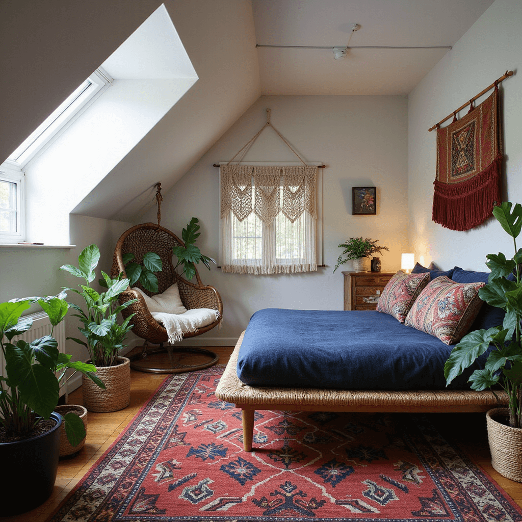A boho eclectic attic sanctuary featuring a low-profile rattan bed frame surrounded by textured textiles, a hanging chair by a dormer window, and an arrangement of vibrant potted plants, all illuminated by mid-morning light.