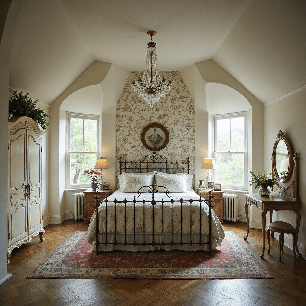 A cozy French country attic retreat featuring a wrought iron bed with toile bedding, surrounded by dormer windows. The room showcases a distressed cream armoire, an antique vanity with an oval mirror, and botanical wallpaper. Dappled natural light filters through trees, illuminating herringbone wood floors and a faded Oriental rug, while a crystal chandelier adds sparkle.