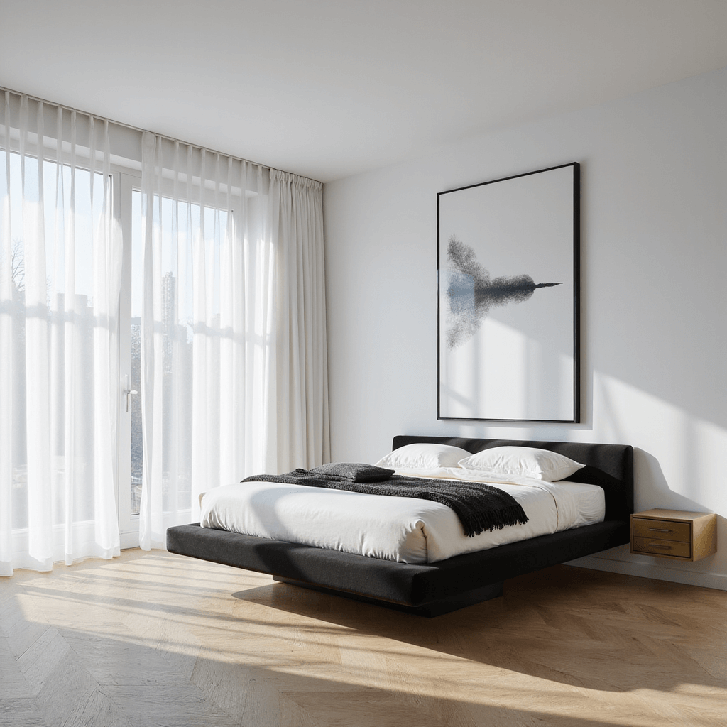 Bedroom Design Ideas: Transform Your Sanctuary with Style and Comfort A modern minimalist bedroom with floor-to-ceiling windows, featuring a low-profile black platform bed, white linens, brass nightstands, and an oversized black and white abstract canvas, illuminated by morning light.