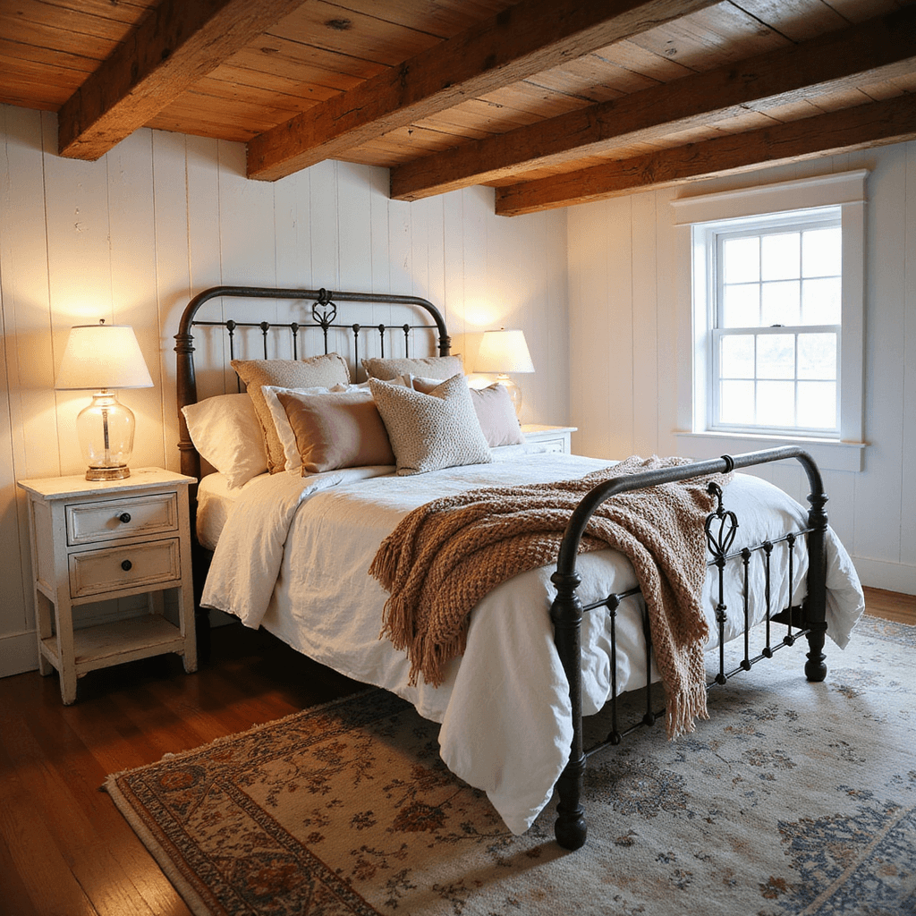 A cozy cottage bedroom featuring exposed wooden beams and dormer windows, illuminated by warm amber golden hour light, showcasing a weathered iron bed with layered linens in cream, dusty rose, and oatmeal, along with hand-knitted throws and vintage pillows. Distressed white nightstands with mercury glass lamps flank the bed against whitewashed plank walls, contrasting with rich hardwood floors and a faded Persian rug, all captured from a low-angle shot highlighting the textile layers and beam details.