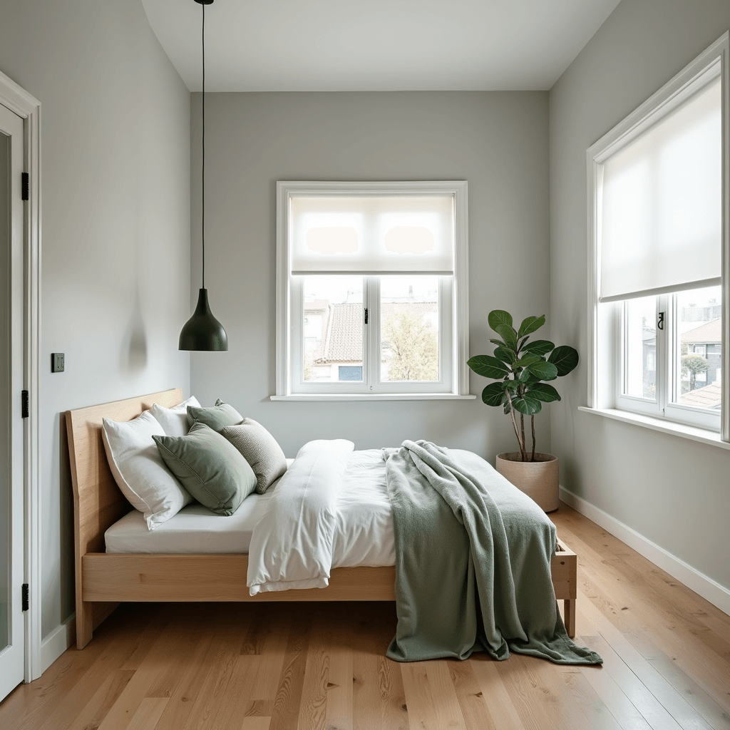 Bright Scandinavian-style bedroom featuring pale grey walls and blonde wood flooring, illuminated by natural light. A light oak platform bed with cloud-white linens and sage green accents is complemented by a matte black pendant light. A potted fiddle leaf fig adds a touch of greenery, all captured from an elevated angle near the doorway.