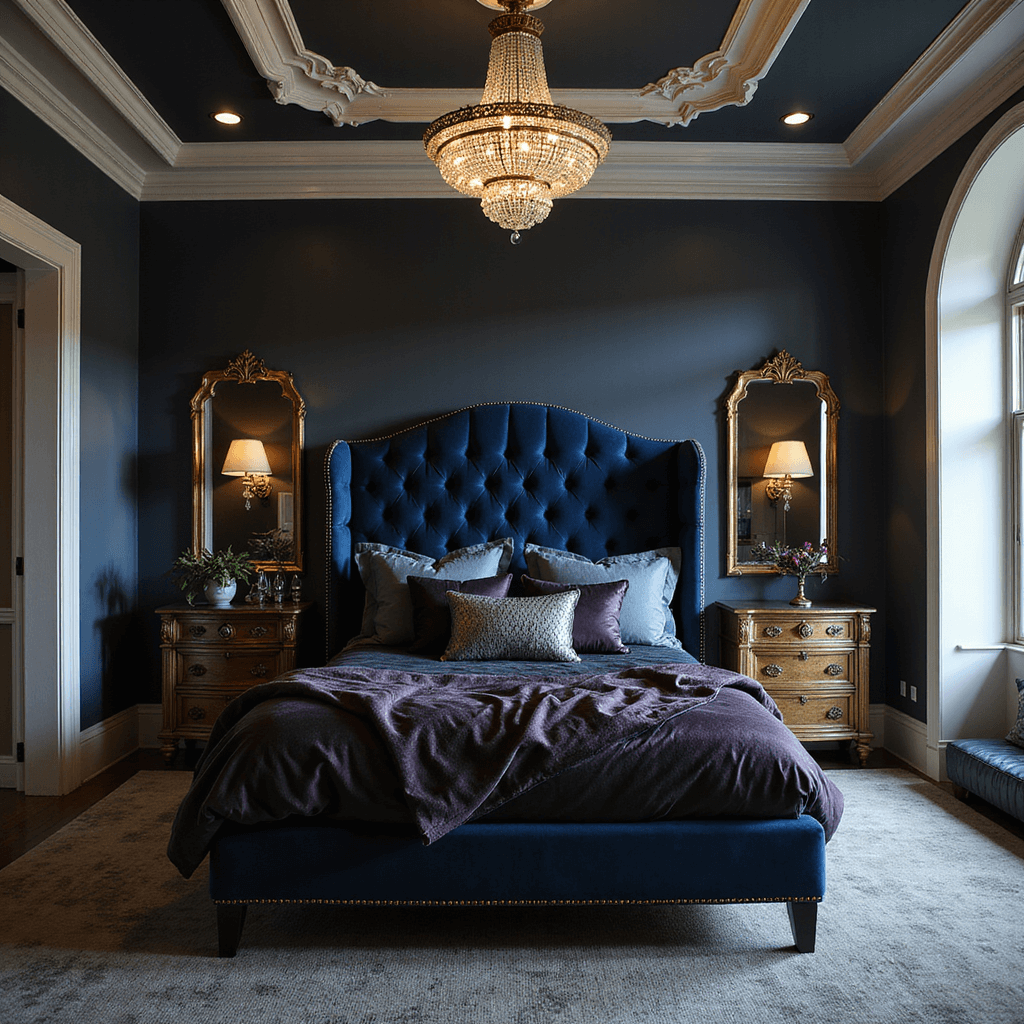 A dramatic bedroom featuring deep charcoal walls with ivory trim, a midnight blue velvet oversized headboard, jewel-toned bedding, and a crystal chandelier, illuminated by dusk lighting that casts shadows and highlights architectural molding.