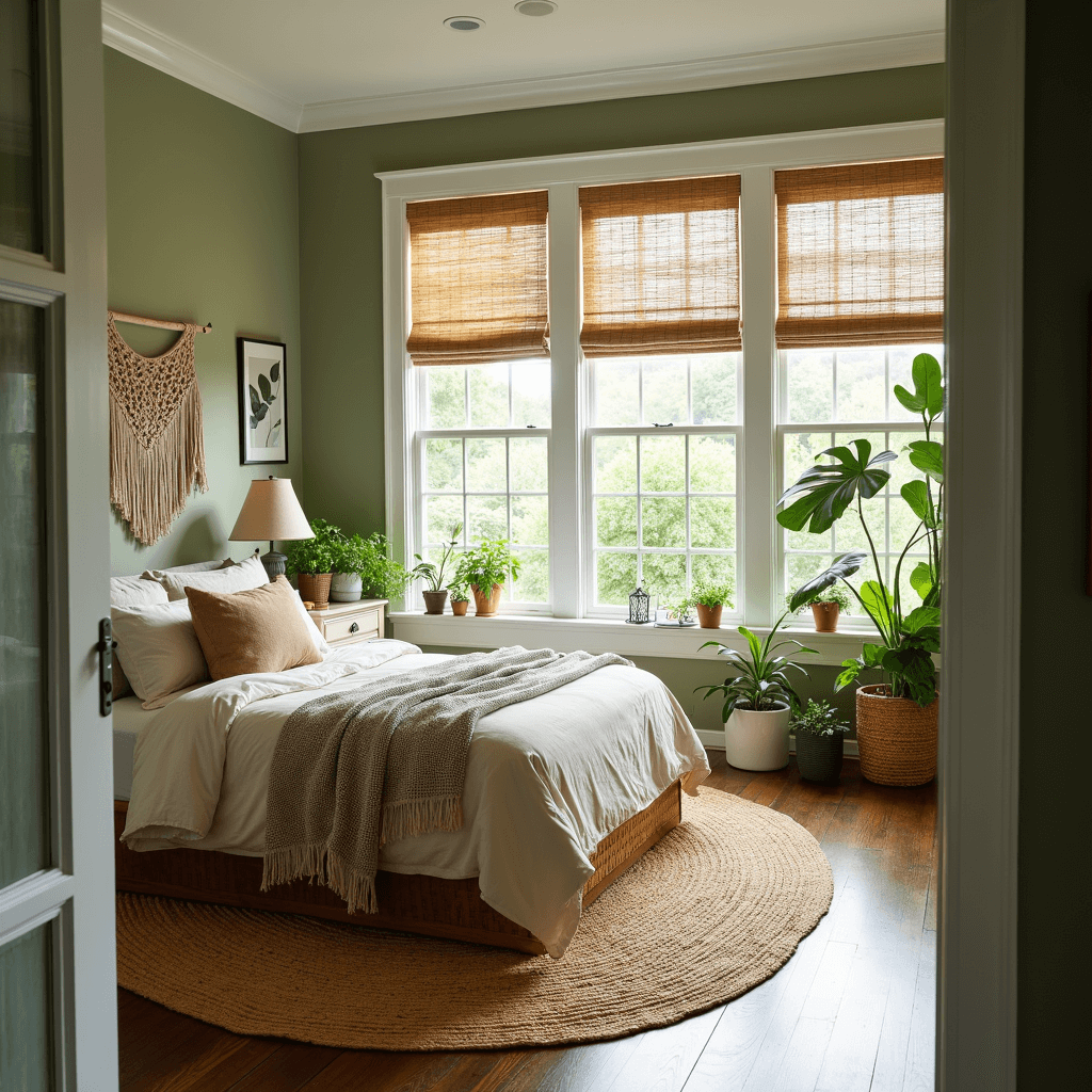 A serene bedroom retreat featuring floor-to-ceiling windows with garden views, soft sage green walls, a natural rattan bed with earth-toned linens, a macramé wall hanging, and lush potted plants, all bathed in gentle late morning light.