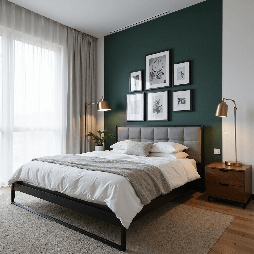 Intimate modern minimalist bedroom at dawn, featuring a black steel bed with a grey leather headboard, walnut nightstands, a gallery wall of black and white photography, a brushed brass floor lamp, and a rich forest green accent wall, all illuminated by soft light through sheer curtains.