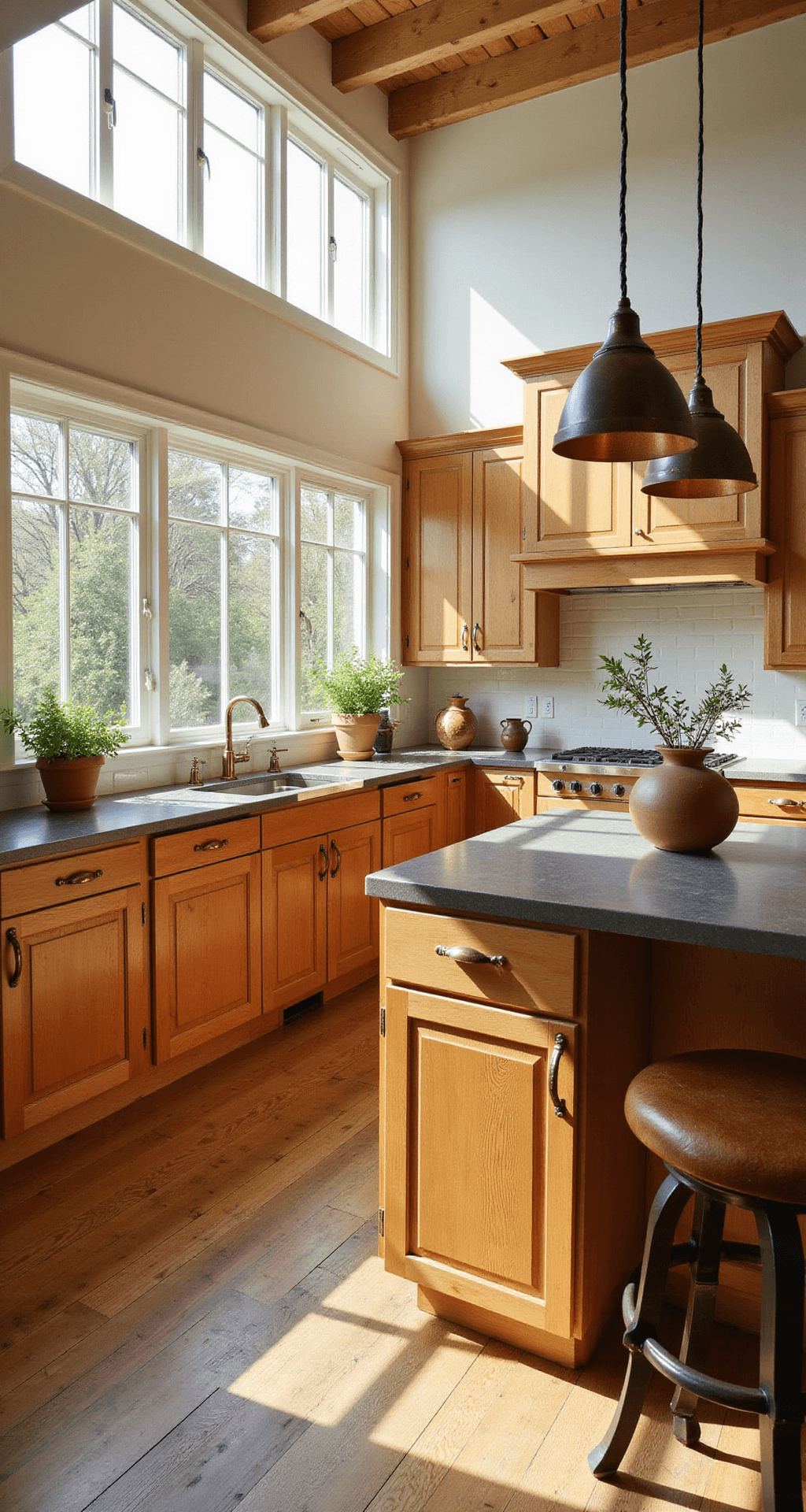 Sunlit kitchen with knotty alder cabinets, copper pendant lights, wide oak flooring, and vintage brass hardware; features ceramic pottery and herbs.