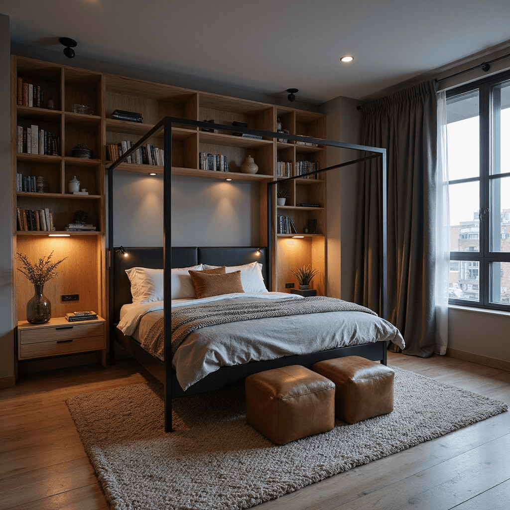 A cozy urban retreat bedroom at dusk featuring a contemporary four-poster bed, floating oak bedside tables, wool throw blankets, and leather ottomans, all illuminated by warm copper pendant lights and ambient lighting, with floor-to-ceiling bookcases in the background.