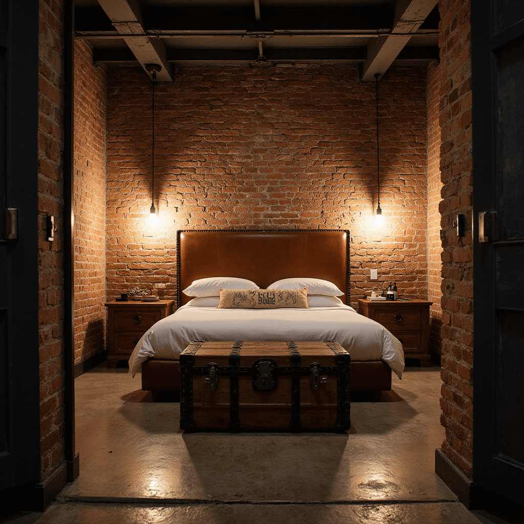 A stylish industrial chic bedroom at night, showcasing exposed brick walls, a steel beam ceiling, a king-sized bed with a distressed leather headboard, reclaimed wood nightstands, and atmospheric Edison bulb wall sconces, viewed from the doorway with a shallow depth of field.
