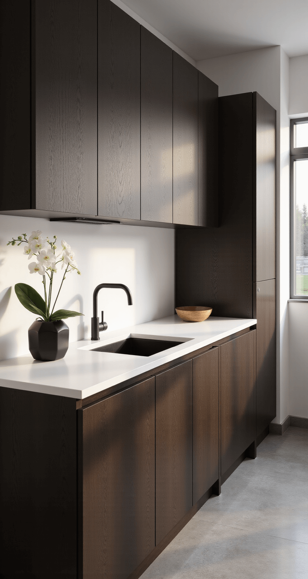 A minimalist kitchen with espresso alder cabinets and stark white quartz countertops, featuring matte black fixtures and a geometric vase with a single orchid, captured in late afternoon light emphasizing dramatic shadows.