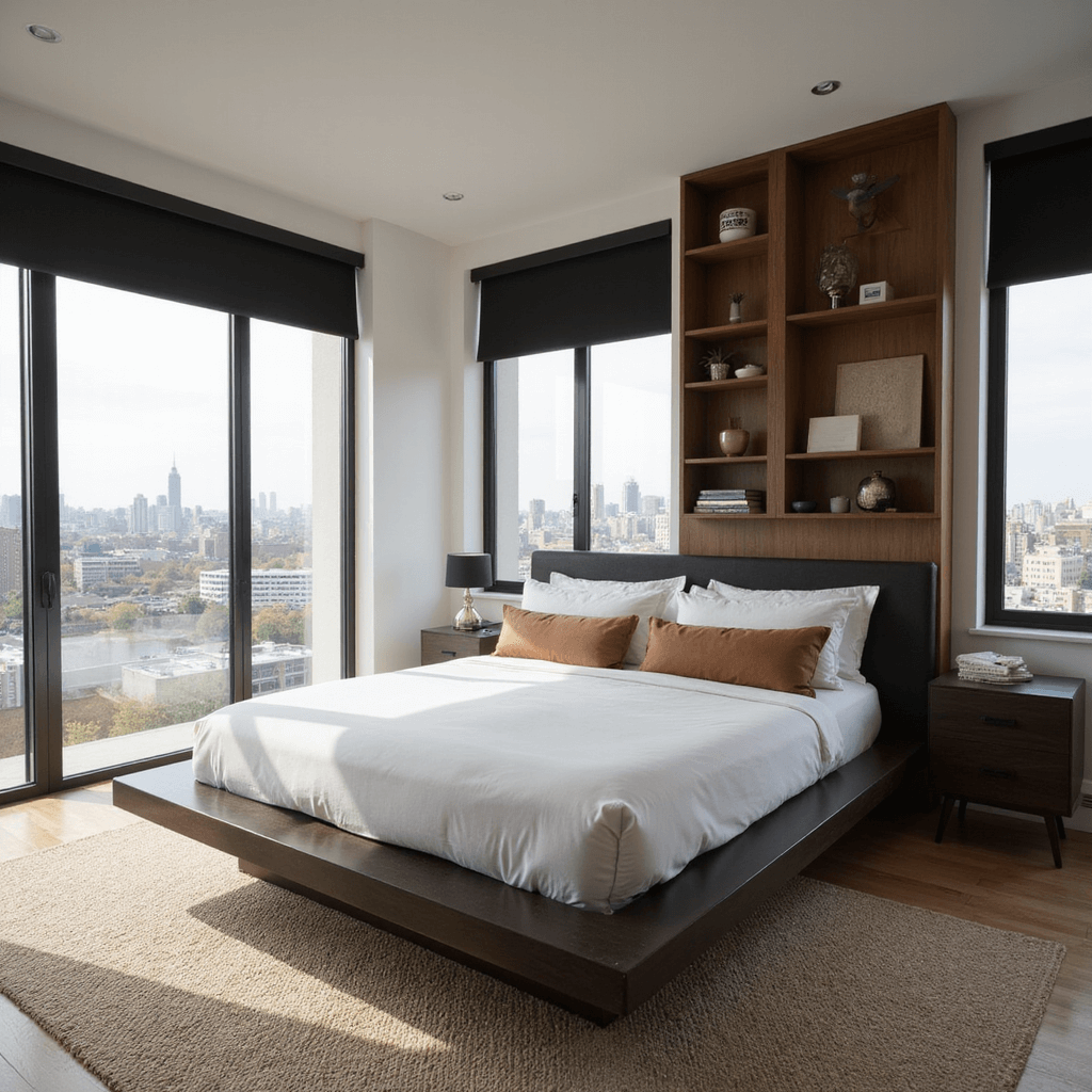 A minimalist bedroom sanctuary featuring an ebony oak platform bed with white linens and camel leather accent pillows, illuminated by morning light through floor-to-ceiling windows showcasing city views, enhanced by automated blackout blinds, floating shelves with art objects, and a handwoven silk rug, captured from a high-angle corner perspective.