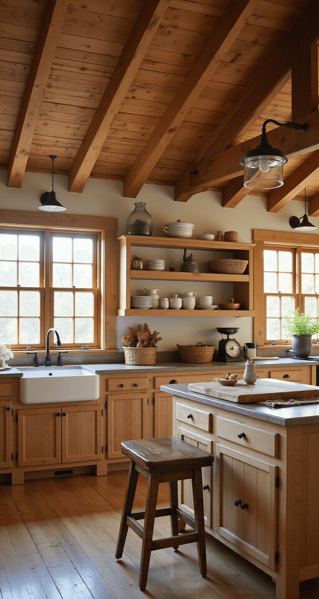 Rustic farmhouse kitchen with exposed wooden beams, knotty alder cabinets, and golden hour lighting through mullioned windows. Features a farmhouse sink, butcher block island, and vintage enamelware on display. Earth-tone palette with sage accents, styled with woven baskets, dried herbs, and antique scales. Captured from a corner angle to show the cabinet-to-ceiling relationship.