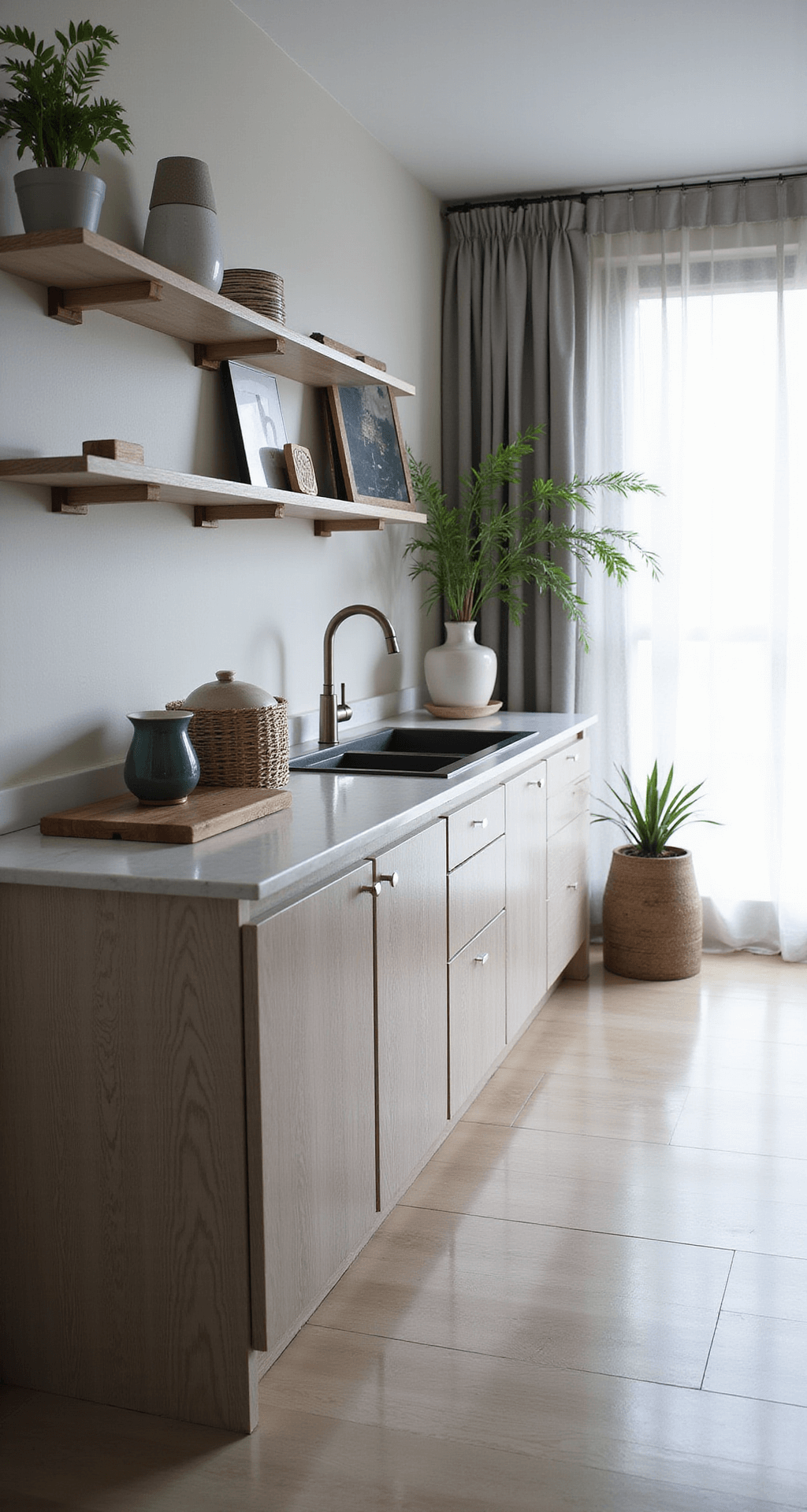 Contemporary open-concept kitchen with pearl gray alder cabinets, waterfall island, and floating shelves. Diffused light through sheer curtains highlights artisanal ceramics and minimalist greenery on a cool-toned palette with chrome accents. Shot captures detail with leading lines toward the window wall.