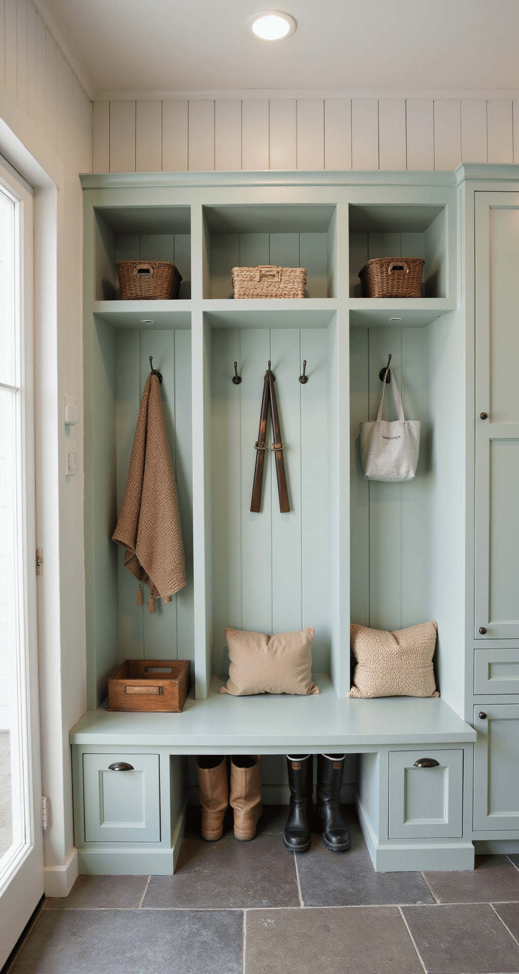 A well-organized mudroom with sage green built-in storage featuring seating, coat hooks, and cabinets, set against warm white shiplap walls and natural slate flooring, accented with a copper boot tray and vintage ski decor under soft lighting.