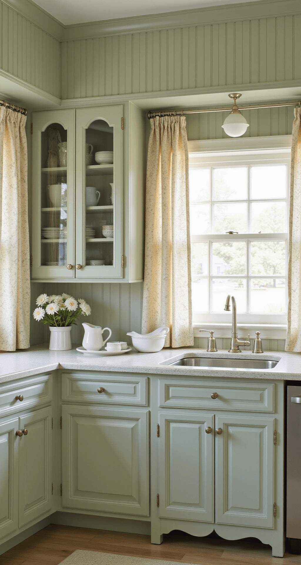 A cozy cottage-style kitchen with soft sage painted alder cabinets, glass-door uppers, and beadboard details, softly lit by morning light through cafe curtains. The vintage charm is highlighted by ceramic knobs and styled with ironstone pitchers and garden flowers, all in a pastel palette with cream accents. The full depth of the 10x14ft room is captured from a low and wide angle for a dreamy effect.