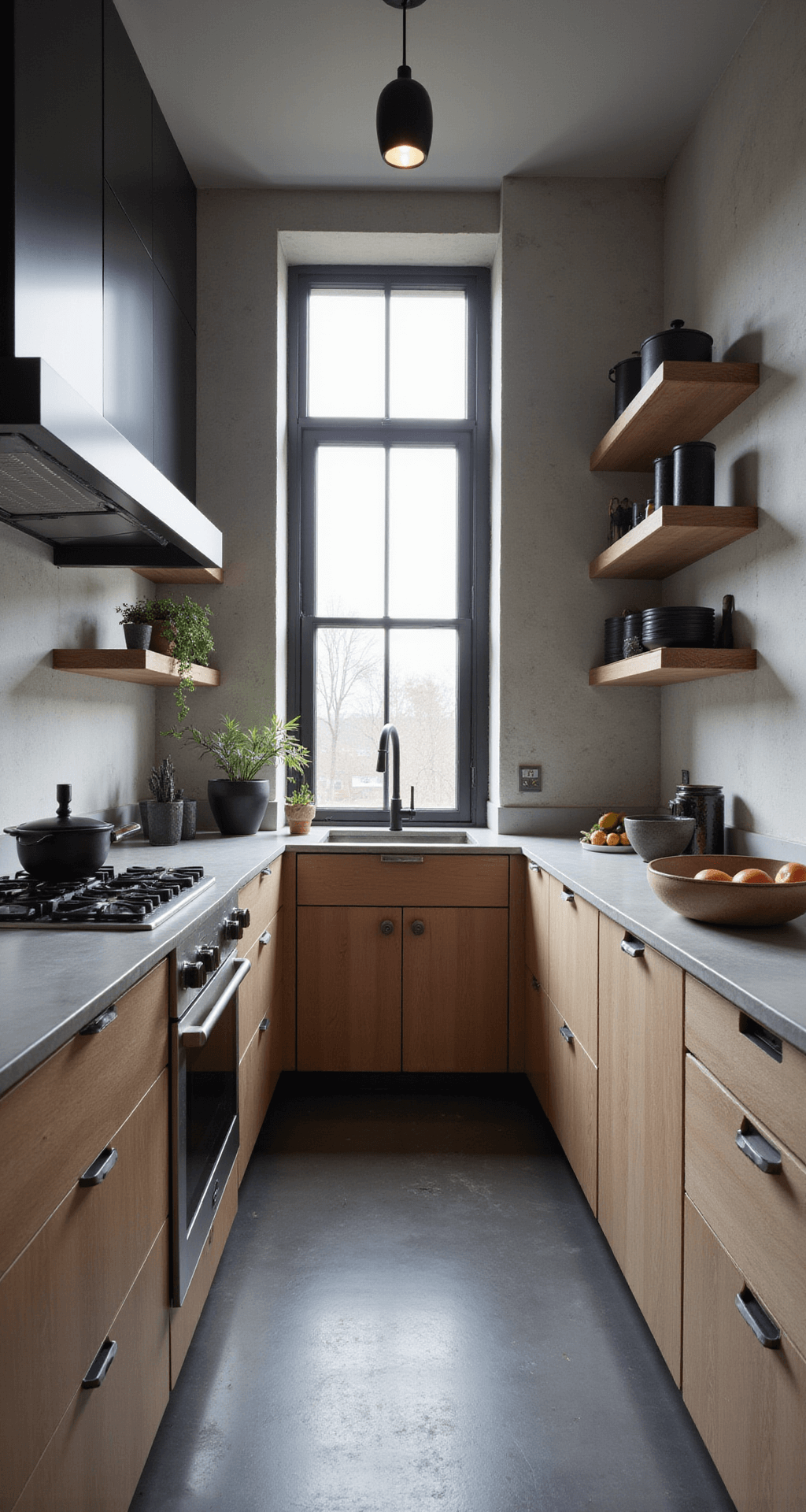 Industrial-modern kitchen with charcoal alder cabinets and steel windows, featuring concrete countertops and matte black hardware, styled with black ceramics and metallic accessories in a grayscale palette.