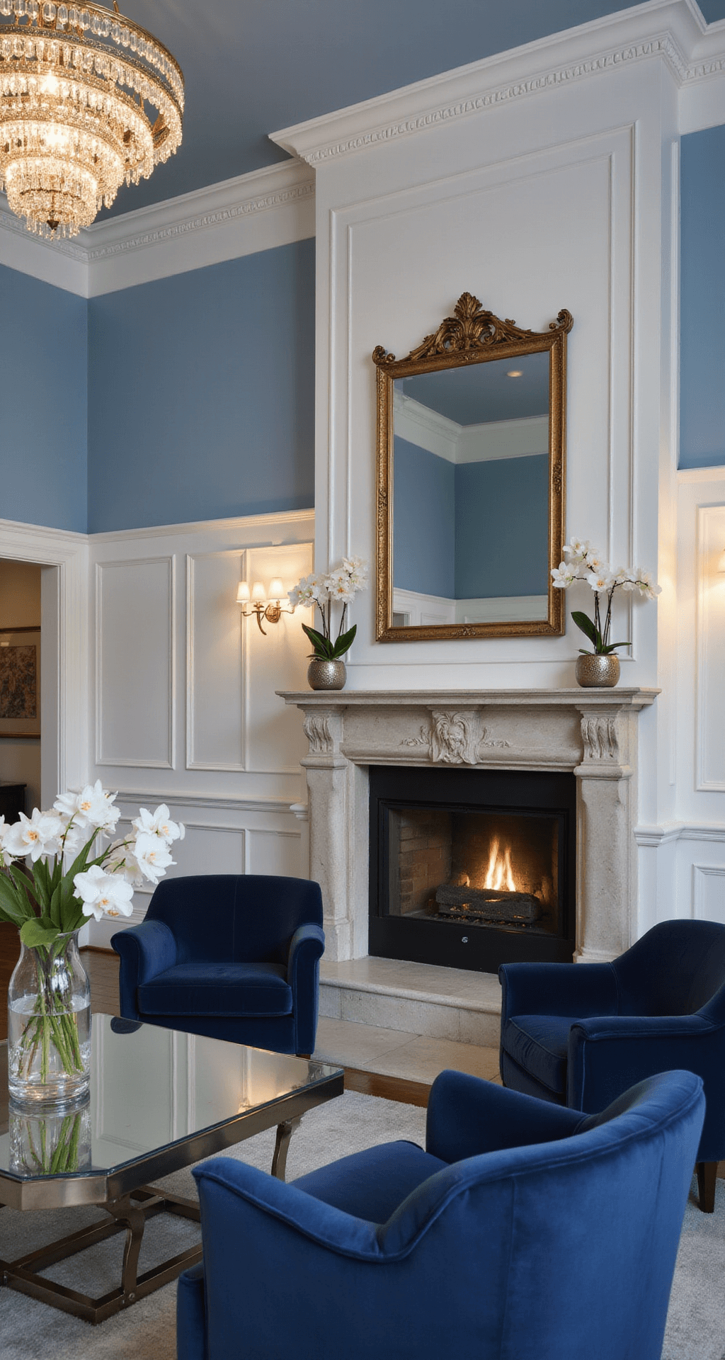 Transitional living room at twilight with light blue and white paneled walls, navy velvet chairs by a limestone fireplace, a crystal chandelier, mirrored coffee table, and white orchids, viewed from a doorway.