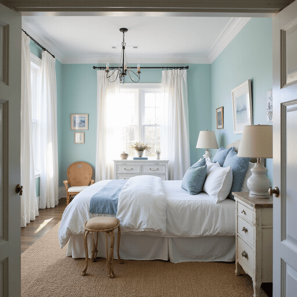 Blue Bedroom Ideas: Transform Your Space with Serene and Stylish Blues A sunlit coastal bedroom featuring pale aqua walls, a king-size bed with layered blue linens, sheer white curtains, a natural jute rug, and white-painted furniture, all bathed in warm morning light.