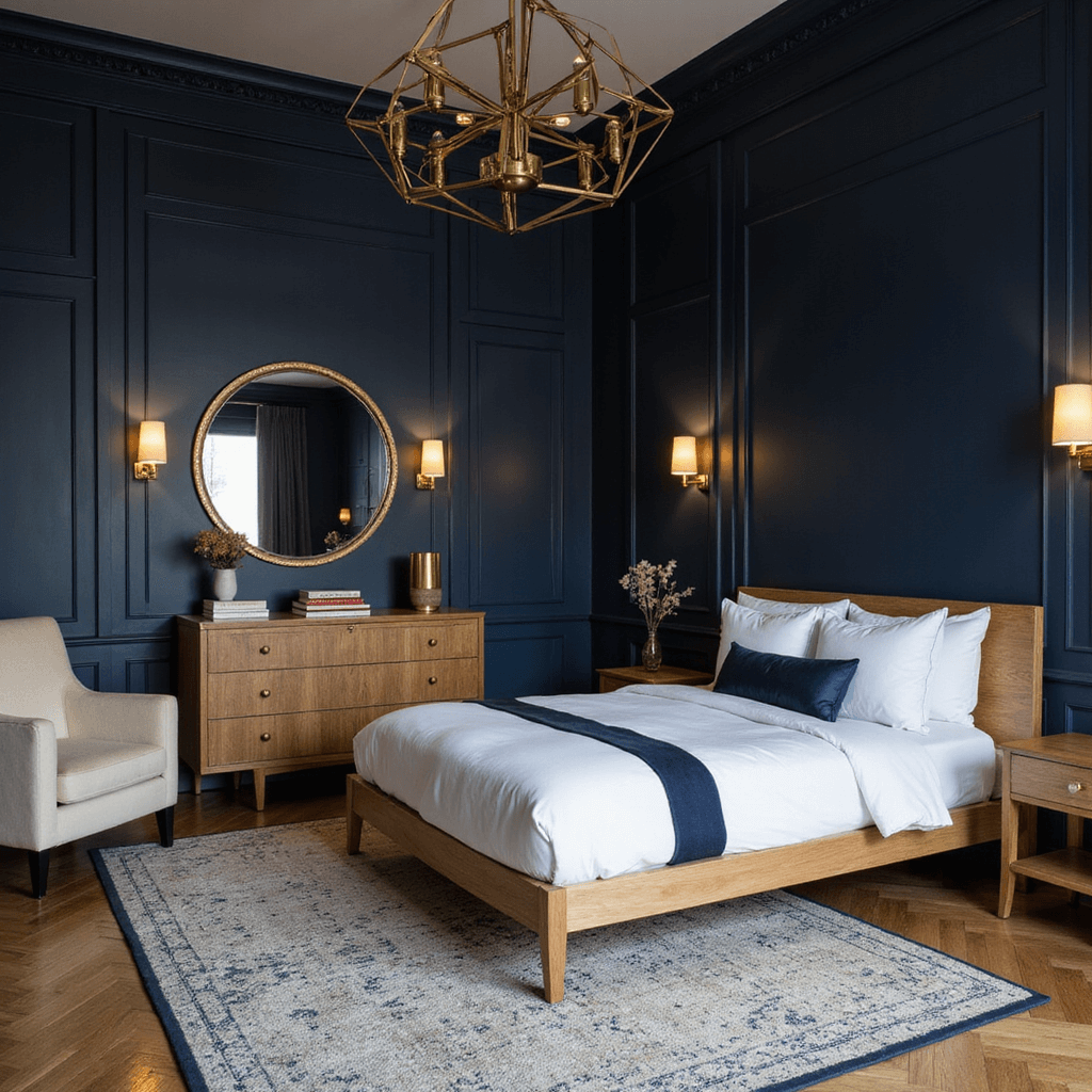 A dramatic bedroom featuring deep navy walls, a light oak platform bed, brass sconces, and a contemporary chandelier, with a cream velvet accent chair and a geometric gold mirror above the dresser, all set against a textured navy and cream rug.