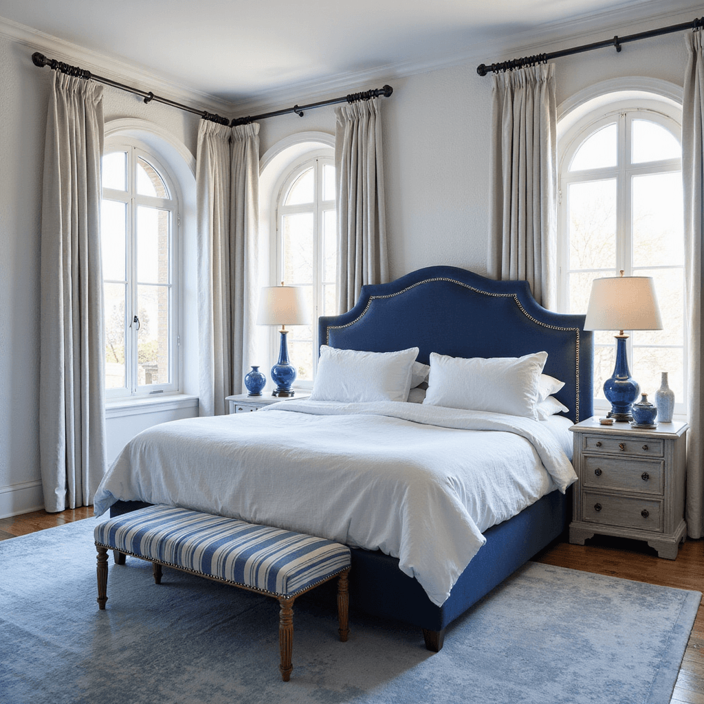 Spacious master bedroom featuring arched windows and white textured walls, a navy linen king bed with hotel-white bedding and Greek key border, blue and white striped bench, matching curtains, symmetrical nightstands with blue ceramic lamps, silver-blue silk rug, and a pottery collection in various blue tones, illuminated by afternoon light.