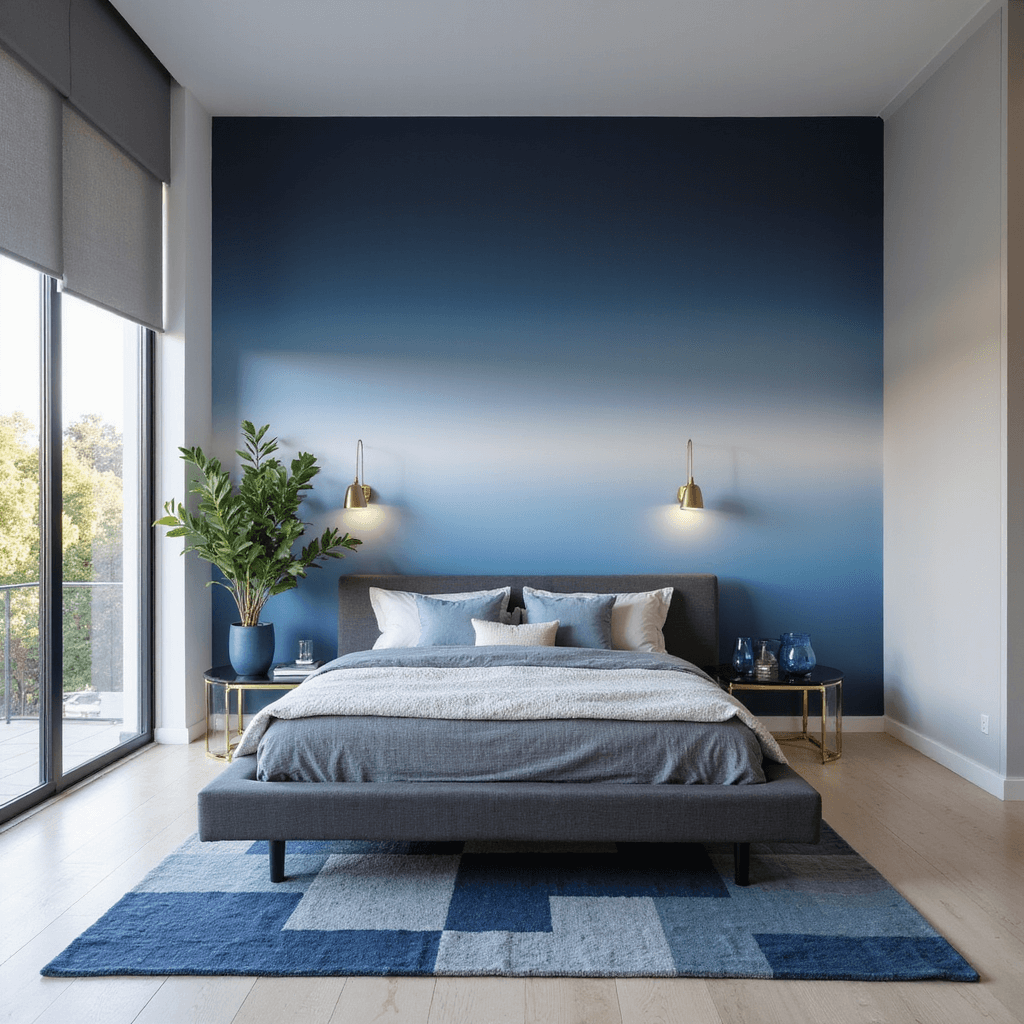 Contemporary bedroom with an ombré accent wall transitioning from navy to pale blue, featuring a charcoal gray platform bed, brass lighting, automated gray shades, white oak flooring, and geometric blue-gray rug, accented by lucite side tables and blue glass accessories, illuminated by late afternoon light.