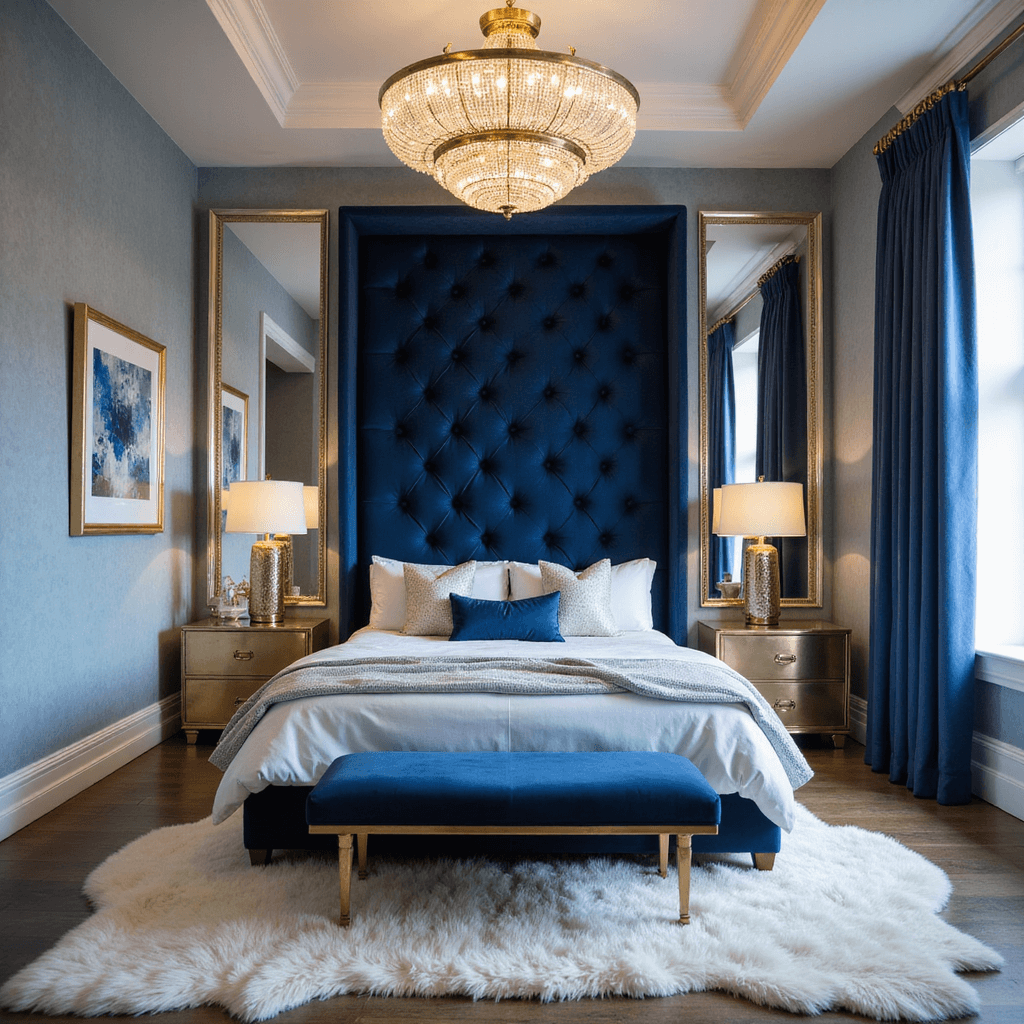 Intimate bedroom featuring tray ceiling and crystal chandelier, walls in powder blue silk wallpaper, dramatic navy velvet tufted headboard, gold leaf nightstands, mercury glass lamps, and an ivory fur rug, with a blue velvet bench; low camera angle highlighting height and warm evening lighting.