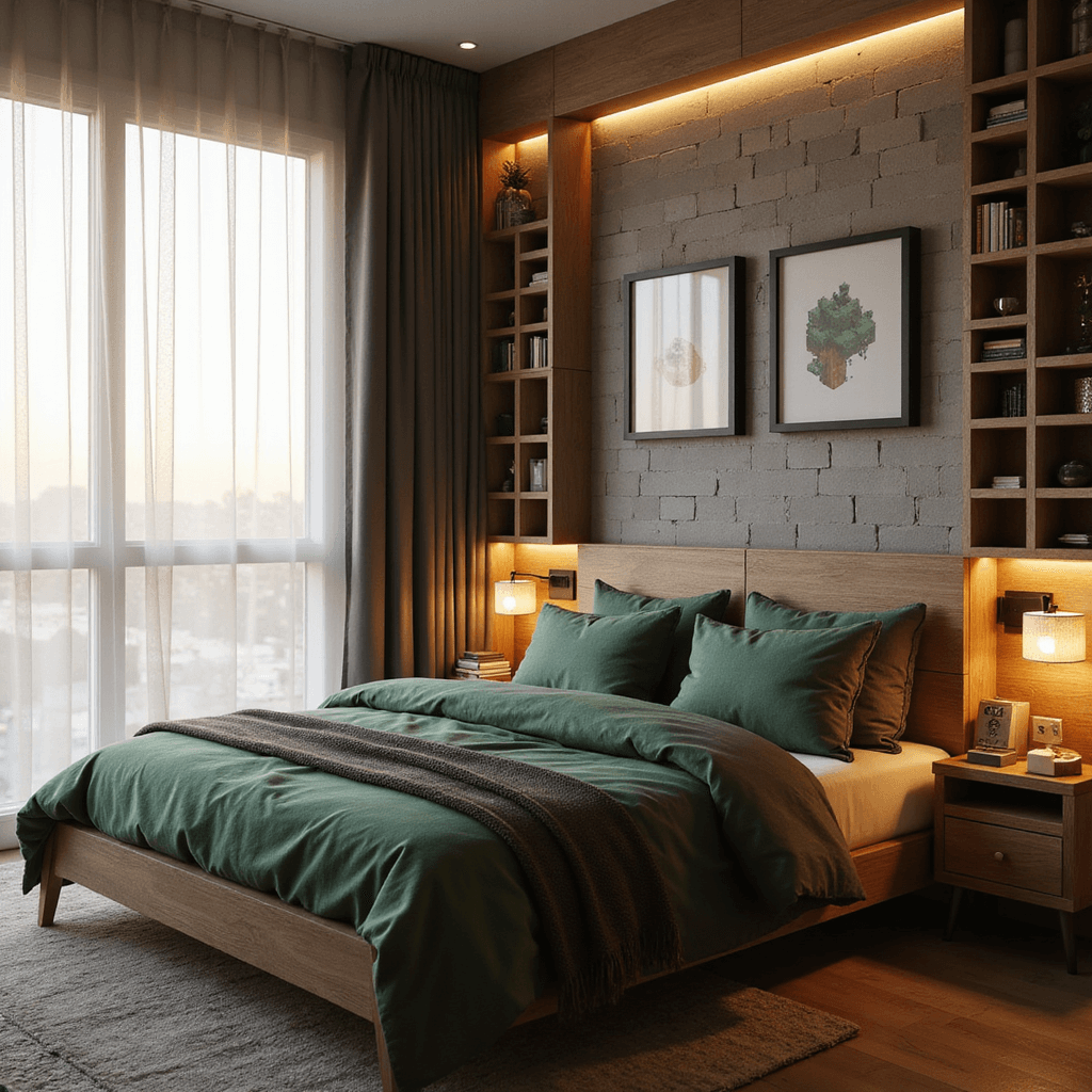 A modern bedroom transformed into a subtle Minecraft haven, featuring a block-style platform bed with emerald green and stone grey bedding, geometric cube shelving, and ambient lighting during golden hour.