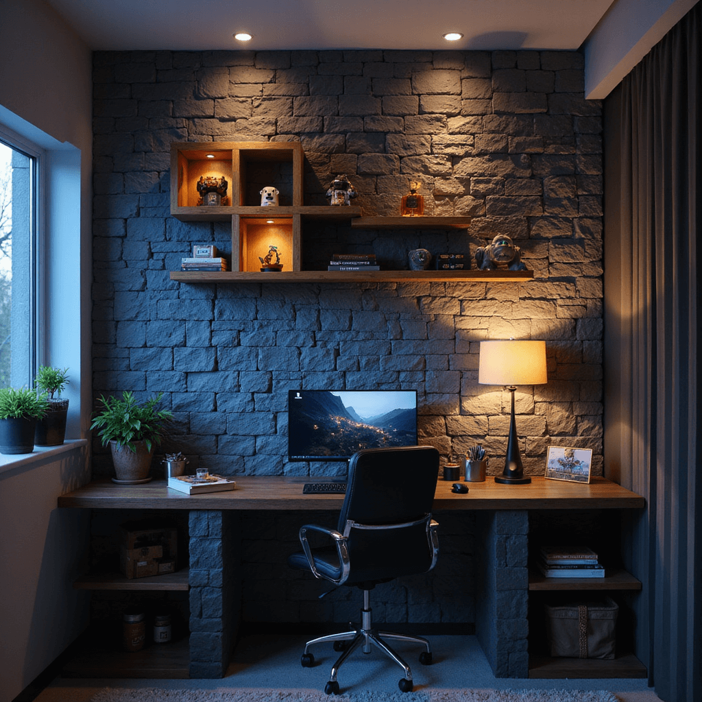 An intimate gaming bedroom featuring a pixelated feature wall with a gradient from deep grey to mossy stone, a floating desk with a clean gaming setup, and cube storage displaying Minecraft collectibles, all illuminated by LED pixel lights in a palette of obsidian black, warm oak, and redstone red, captured at desk level during blue hour.