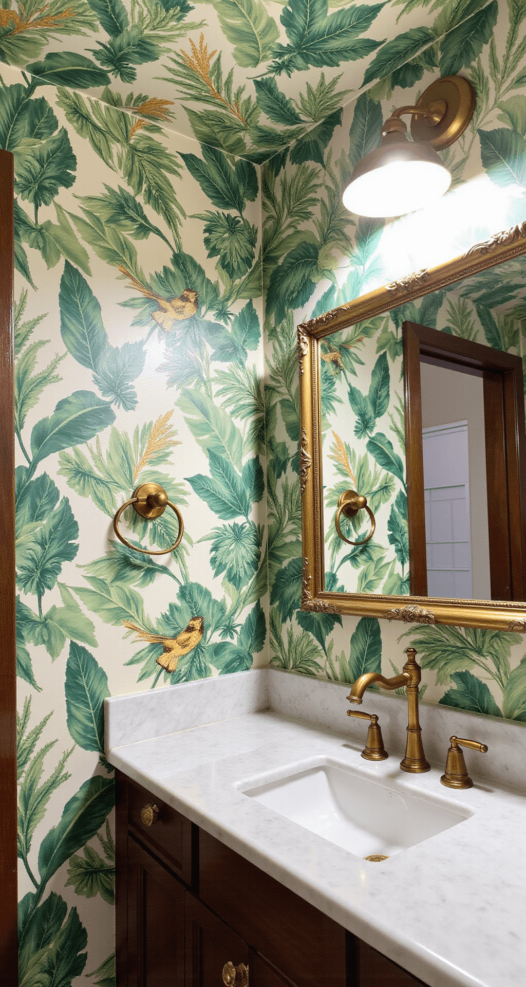 Powder room with tropical botanical wallpaper on ceiling, featuring emerald leaves and golden birds on a cream background. Brass fixtures, marble vanity, and antique gold mirror with even illumination from a ring light.
