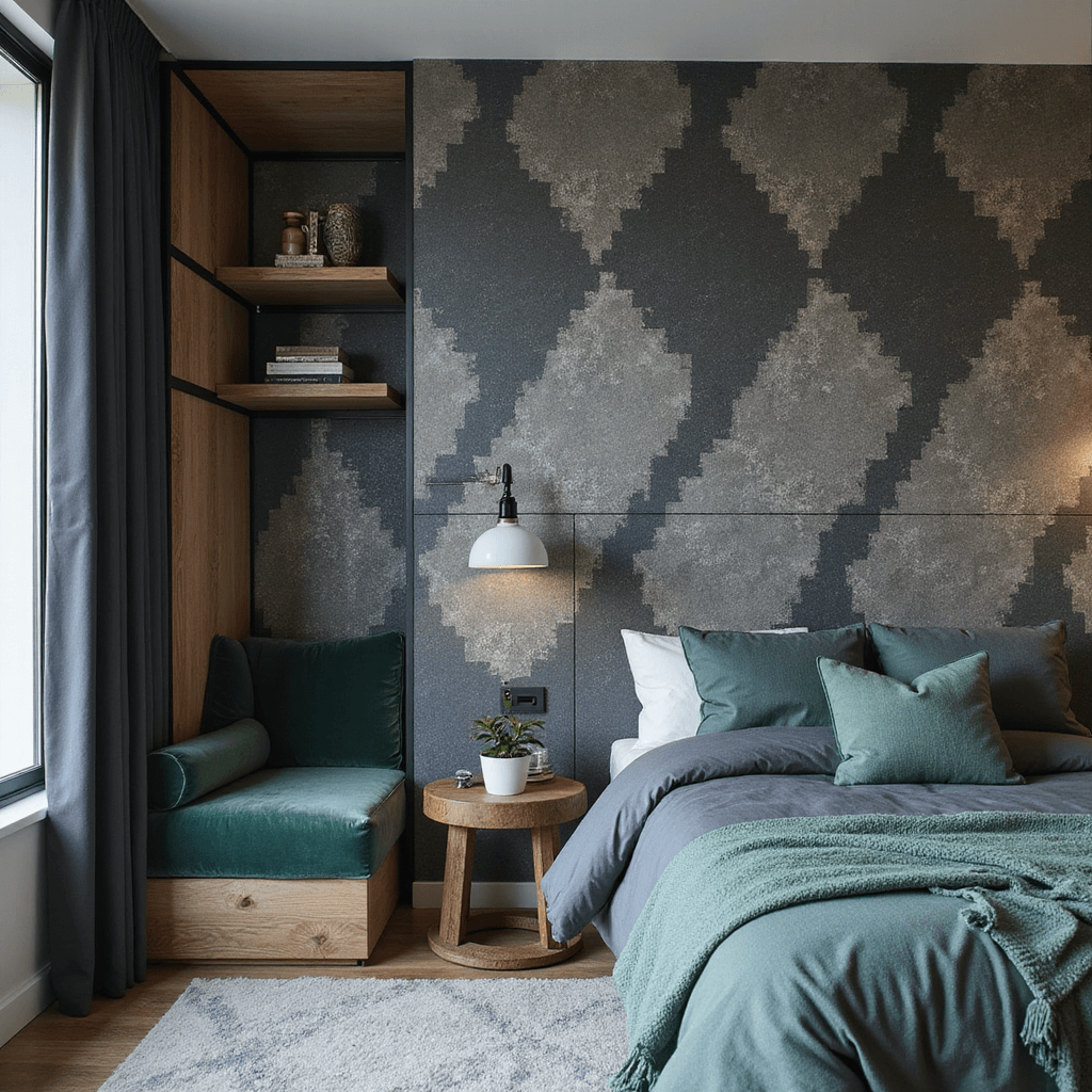 A corner bedroom at dawn featuring a pixelated diamond ore accent wall in metallic blue-grey, a creeper-inspired reading nook with plush emerald cushions, iron and wood industrial shelving, and geometric bedding in slate grey and grass-block greens, all illuminated by soft morning light.
