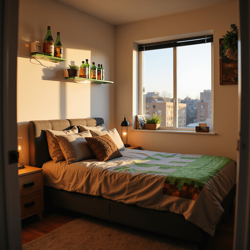 A cozy teen bedroom with a gaming theme, featuring a Minecraft-inspired potion bottle lamp collection casting colorful shadows, a pixelated duvet cover in earth tones, accent pillows shaped like grass and stone blocks, and floating nightstands designed like in-game chests, all captured during sunset with a dreamy bokeh effect.