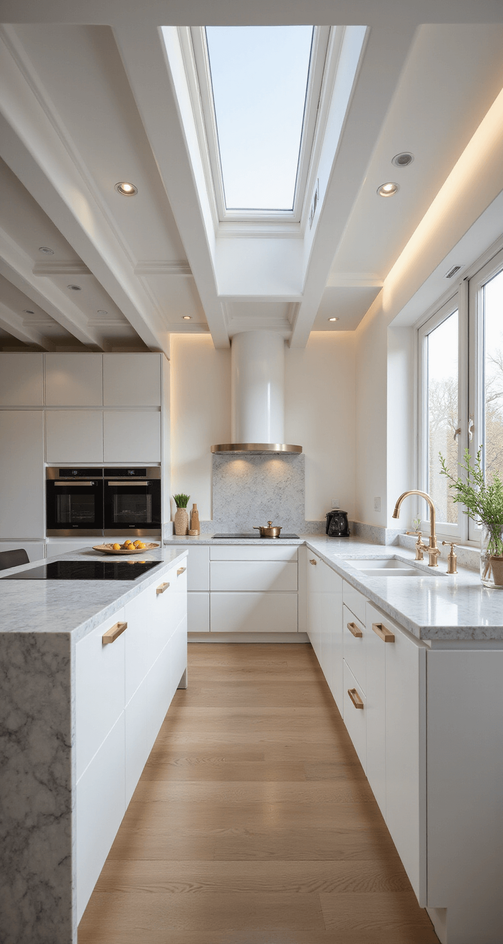 A modern kitchen featuring a warm white PVC coffered ceiling with LED strip lighting, sleek white cabinets, and a marble waterfall island with brushed gold hardware. Early morning light streams through a skylight, enhancing the clean, contemporary atmosphere.