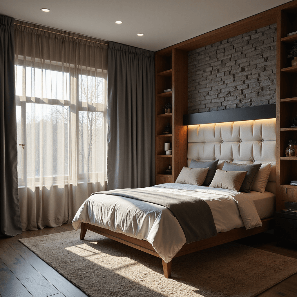 Architectural view of a transformed 14x16ft basement bedroom with block-patterned curtains, a Minecraft-inspired headboard, modern cube storage, and textured wall panels, all illuminated by afternoon light.