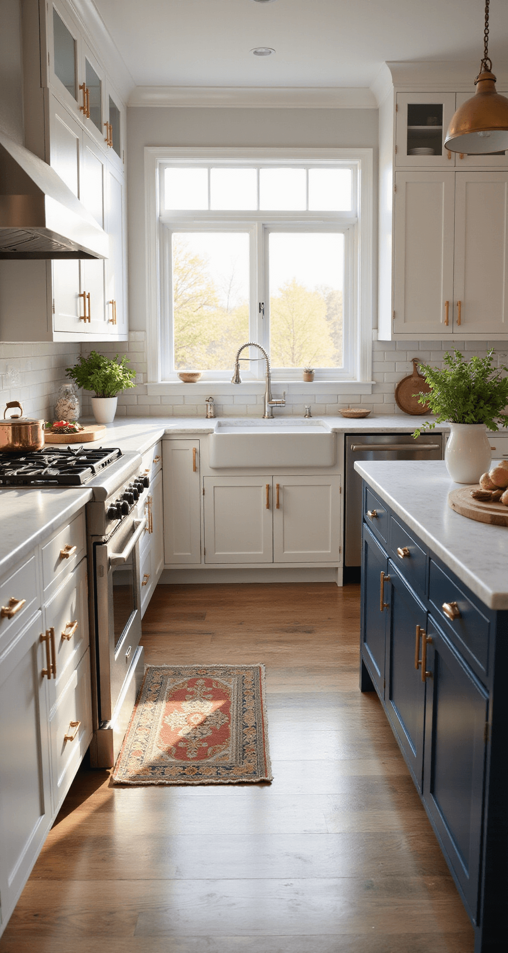 A bright, airy kitchen with white base cabinets, brushed gold hardware, and a navy blue island, captured during golden hour. A farmhouse sink is beneath a large window with natural light on Carrara marble countertops. Stainless appliances, copper cookware, and herb pots complete the look.