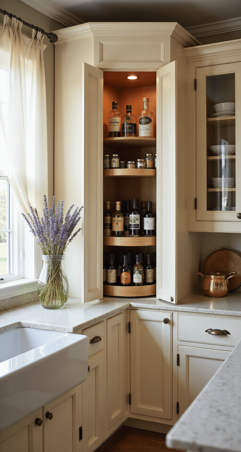 Intimate corner cabinet vignette with cream cabinets, a maple lazy Susan, spice jars, cooking oils, and soft daylight highlighting polished chrome hardware.