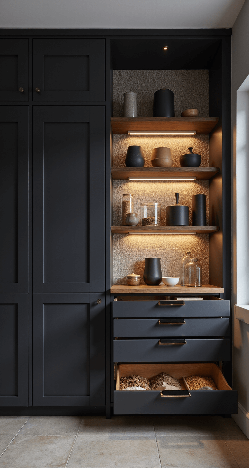 Modern matte black pantry cabinet with integrated handles, illuminated by under-cabinet lighting, featuring clear containers of dry goods and minimal styling with ceramic vessels and brass accents against textured grasscloth wallpaper.