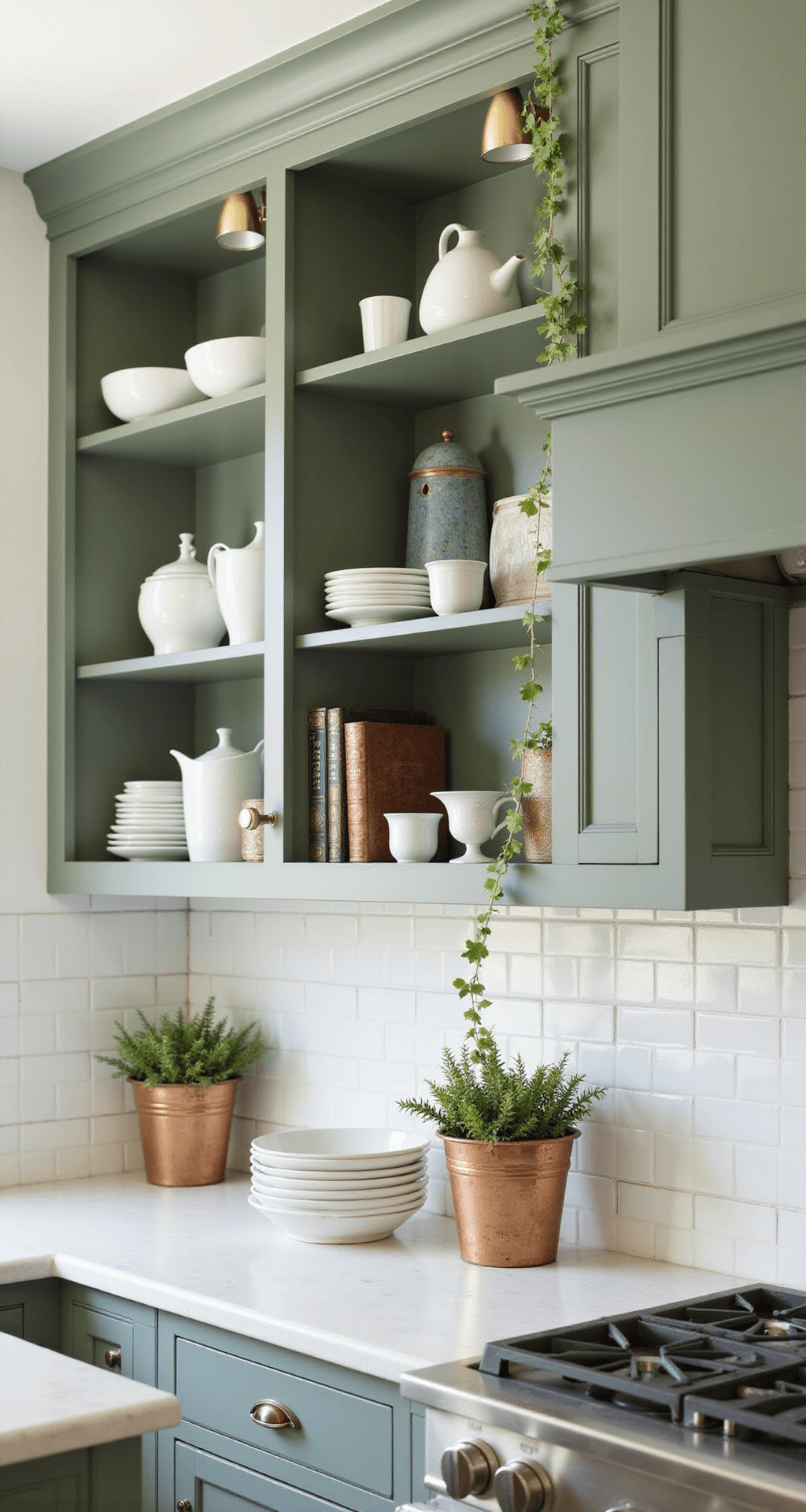 Semi-custom sage green Craftsman-style kitchen cabinets with open shelving, displaying white ironstone pottery and vintage cookbooks, highlighted by brass library lights and accompanied by trailing ivy in copper planters against a white subway tile backsplash.