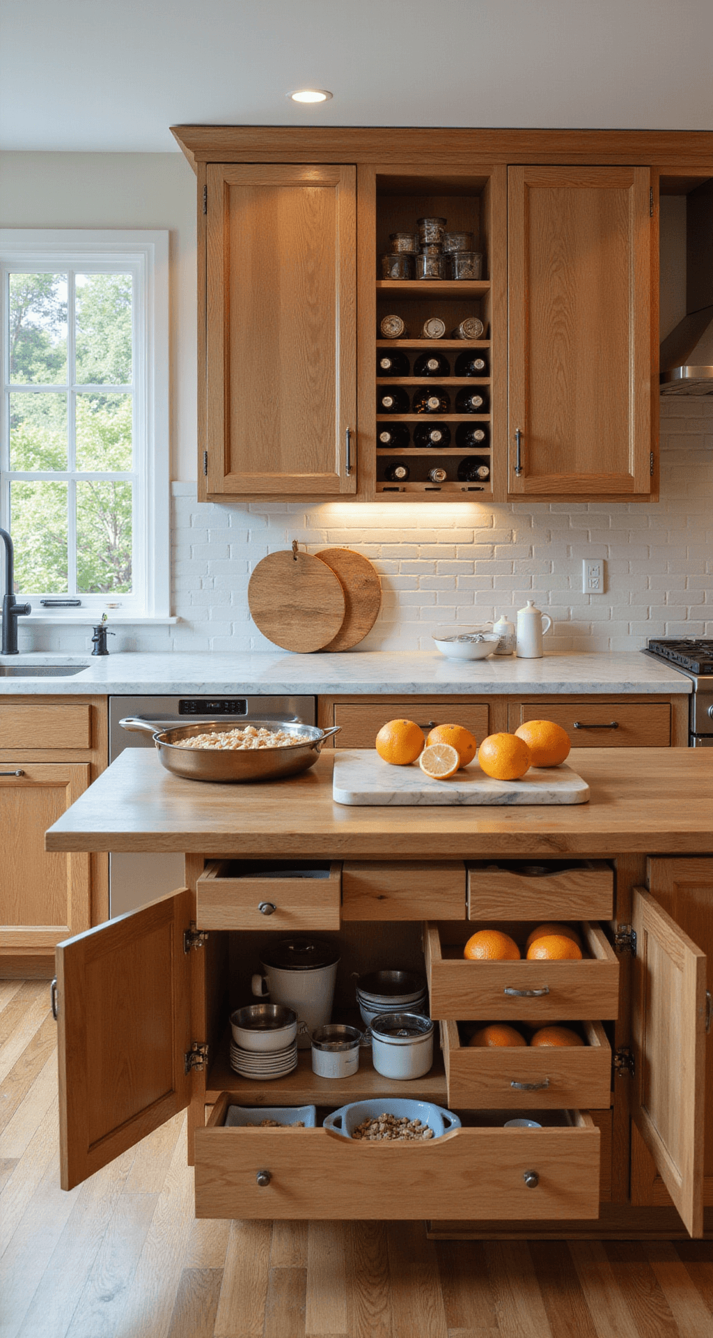 Overhead view of a custom kitchen island with oak cabinets, built-in wine storage, pull-out cutting board, and organized drawers, highlighted by natural light and LED strips. Styled with cookware, marble slab, and colorful citrus fruits.