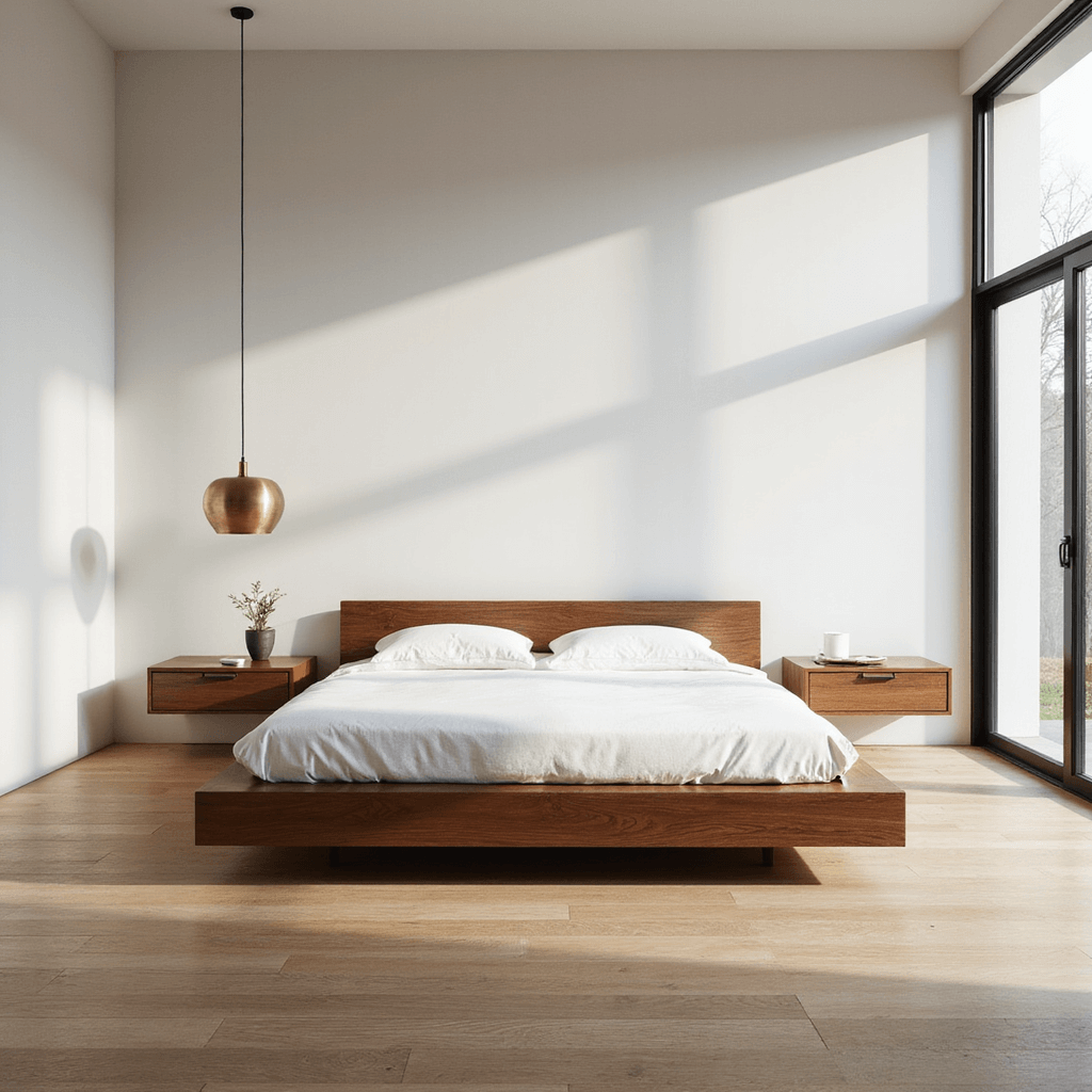 A serene minimalist modern bedroom with a walnut platform bed and white linen bedding, softly illuminated by morning light through 12' floor-to-ceiling windows, showcasing light oak flooring and matte white walls, accented by brushed brass geometric pendant light and floating nightstands, captured from a low corner angle to emphasize the room's height and depth.