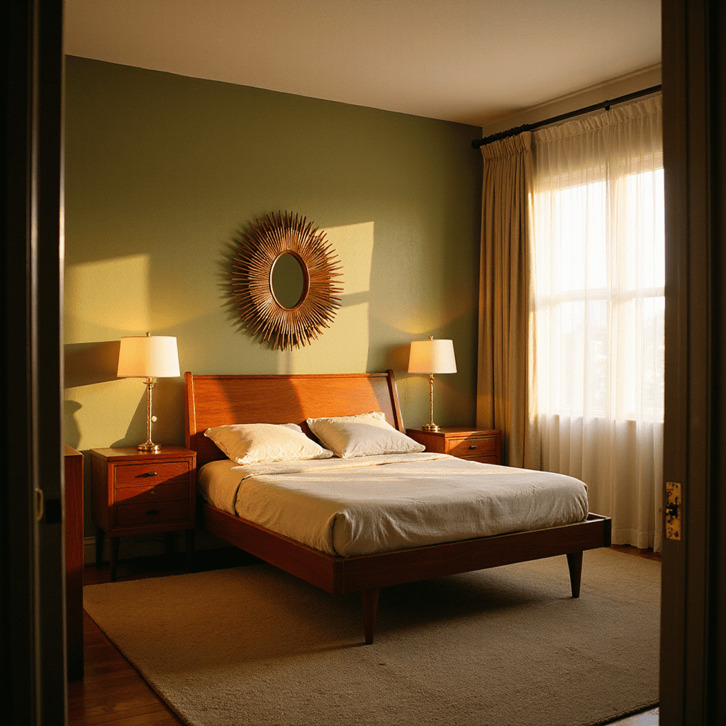 Mid-century modern master bedroom featuring a dramatic teak bed with angular headboard, walnut nightstands, and a Danish modern dresser, all illuminated by golden hour light filtering through sheer white curtains onto an olive green accent wall. A sunburst mirror reflects warm tones, creating a symmetrical and nostalgic atmosphere.