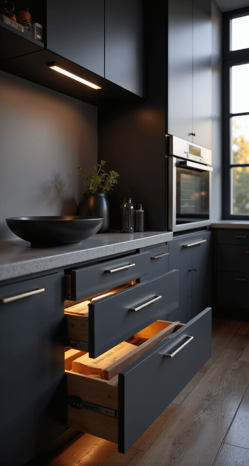 Moody evening kitchen scene with modern charcoal grey flat-panel cabinets, backlit by LED strips, quartz countertops, and minimal styling.