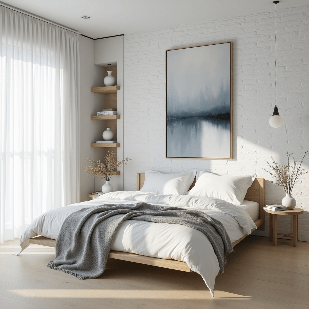 Scandinavian-inspired bedroom corner featuring a minimal platform bed with cloud-white linens against a white-painted brick wall, pale pine flooring, and a large abstract art piece in muted blues and greys. Natural light filters through white linen curtains, illuminating curated white ceramics on built-in floating shelves. The serene color palette includes winter white, pale wood, and grey, creating an atmosphere of tranquility.