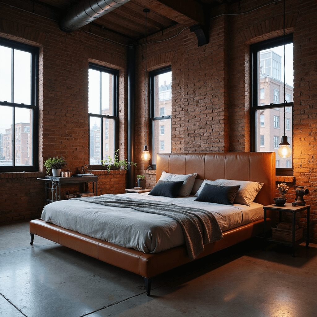 A stylish industrial loft bedroom at dusk, featuring an exposed brick wall, steel-framed windows, and a low-profile leather platform bed on polished concrete flooring. Black metal pendant lights hang at varying heights, providing warm ambient lighting alongside city lights. A vintage factory cart serves as a bedside table, with a color palette of brick red, charcoal, cognac leather, and black metal, exuding urban sophistication.